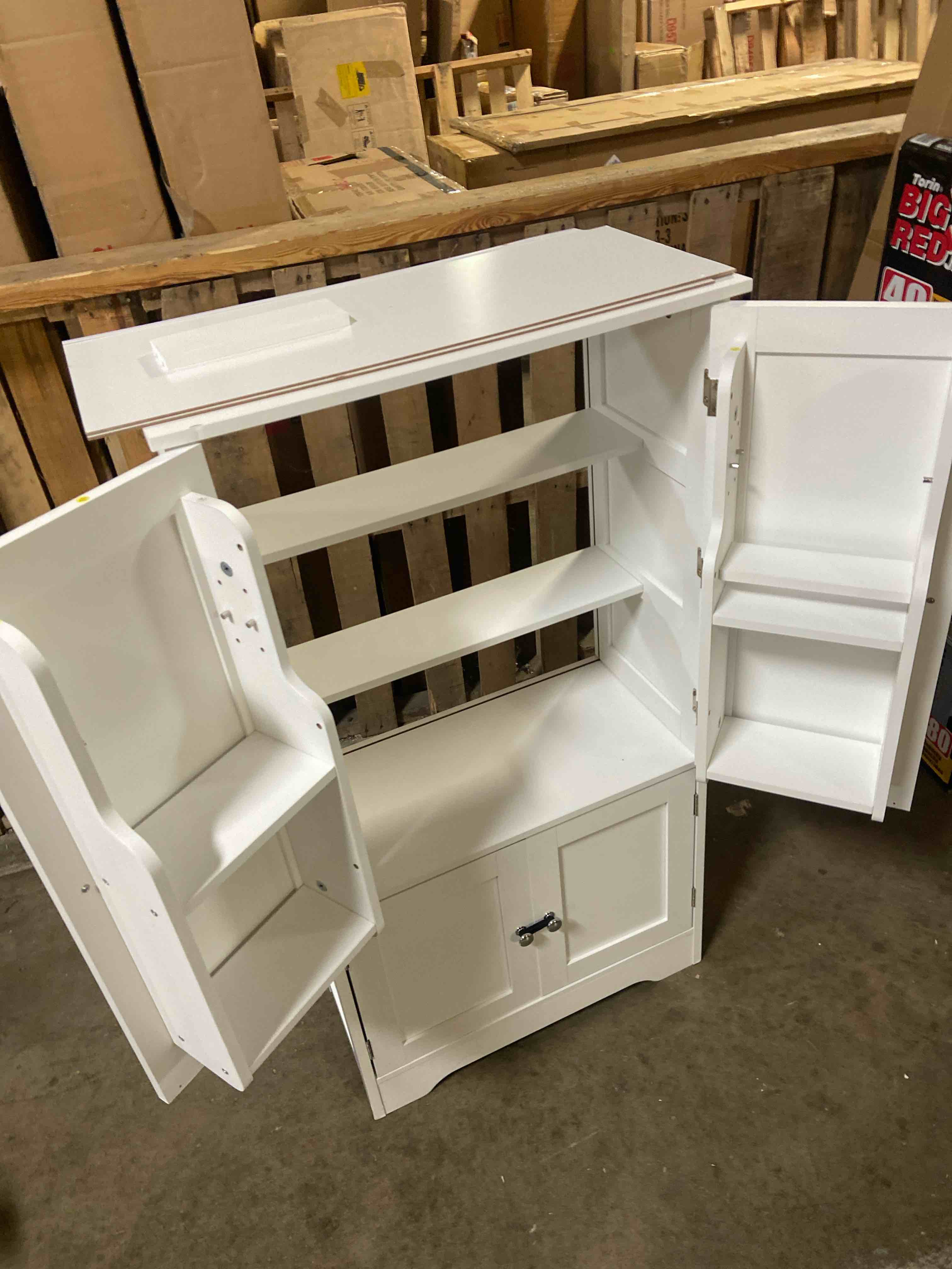 Condition photo showing As Is for 43'H Pantry Cabinet with 4 Doors, Kitchen Cabinet with 6 Door Shelves, Kitchen Pantry for Living Room, Dining Room, Bathroom, White