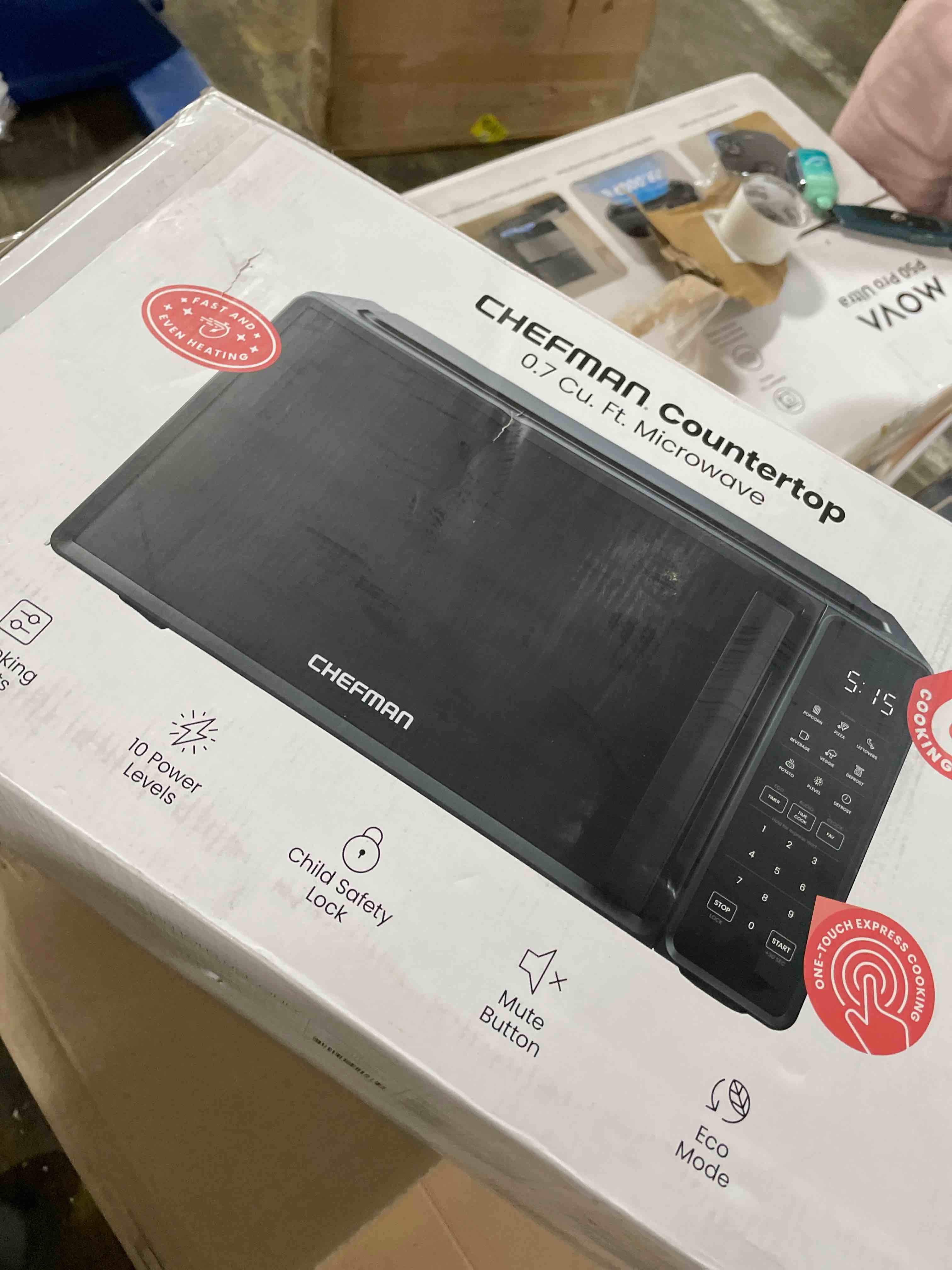Condition photo showing As Is for Chefman Countertop Microwave Oven 0.7 Cu. Ft., 700 Watts with 10 Power Levels, 6 Cooking Presets with One-Touch Express Cook, Eco Mode, Child Safety Lock, & Mute Button - Black