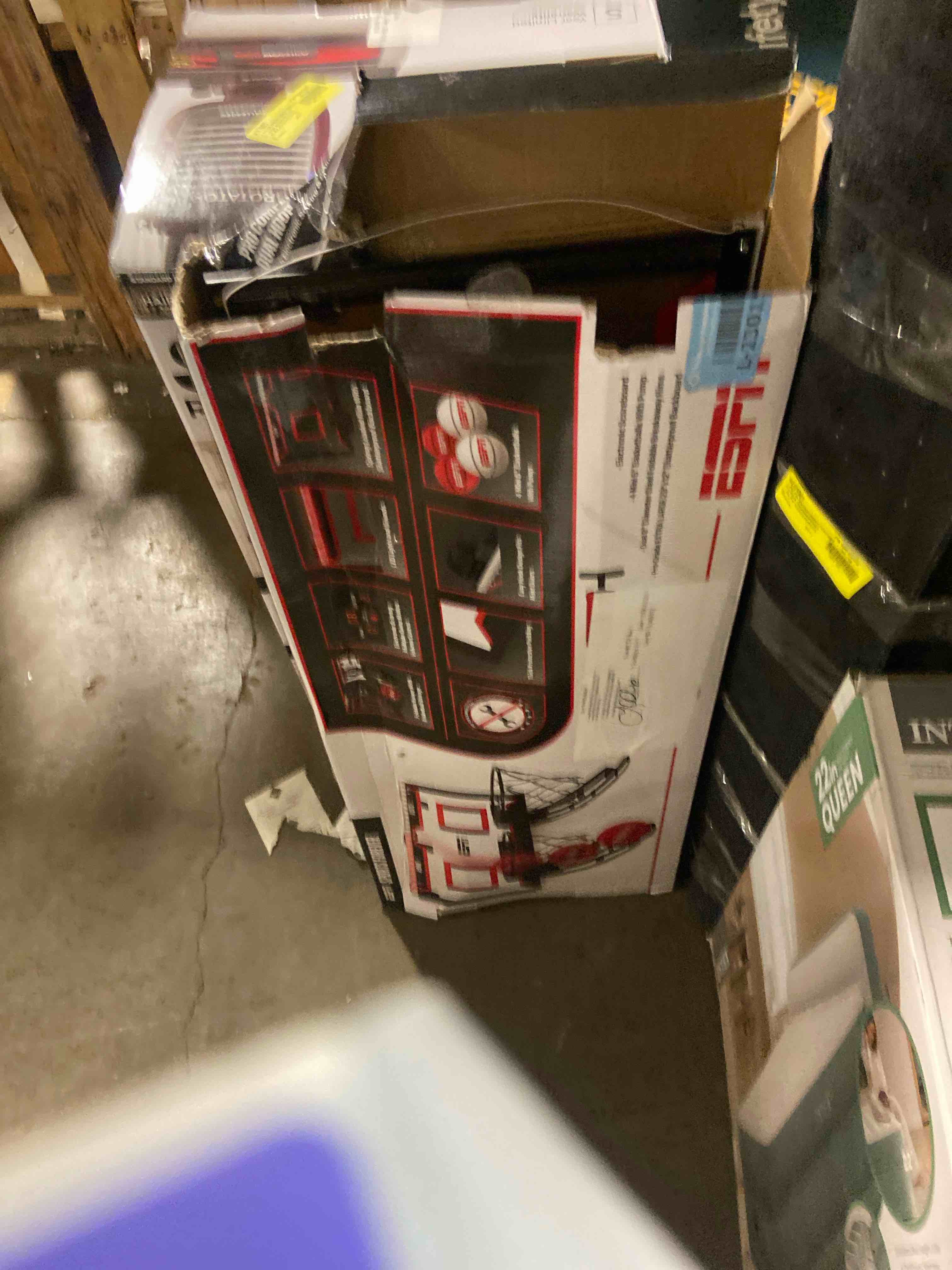 Condition photo showing As Is for ESPN Mini Basketball Hoop, Over The Door Basketball Hoop with 2 Foldable Breakaway Rims and Ball Return for Two Player Games, Includes 4 Mini Basketballs and Pump, Makes Great