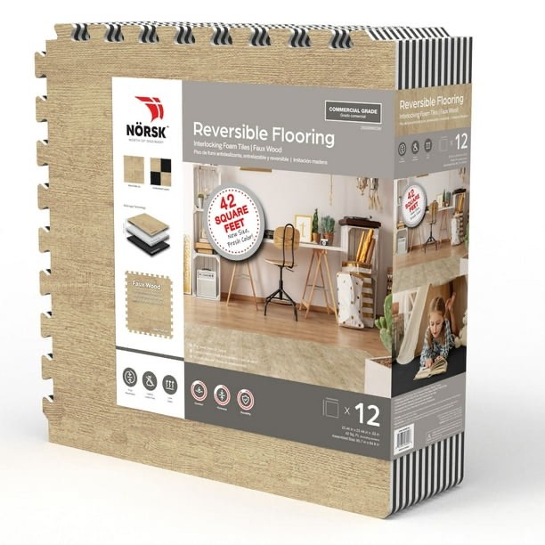 Norsk Reversible Foam Flooring, Faux Wood, 22.44" x 22.44", 12 Tiles