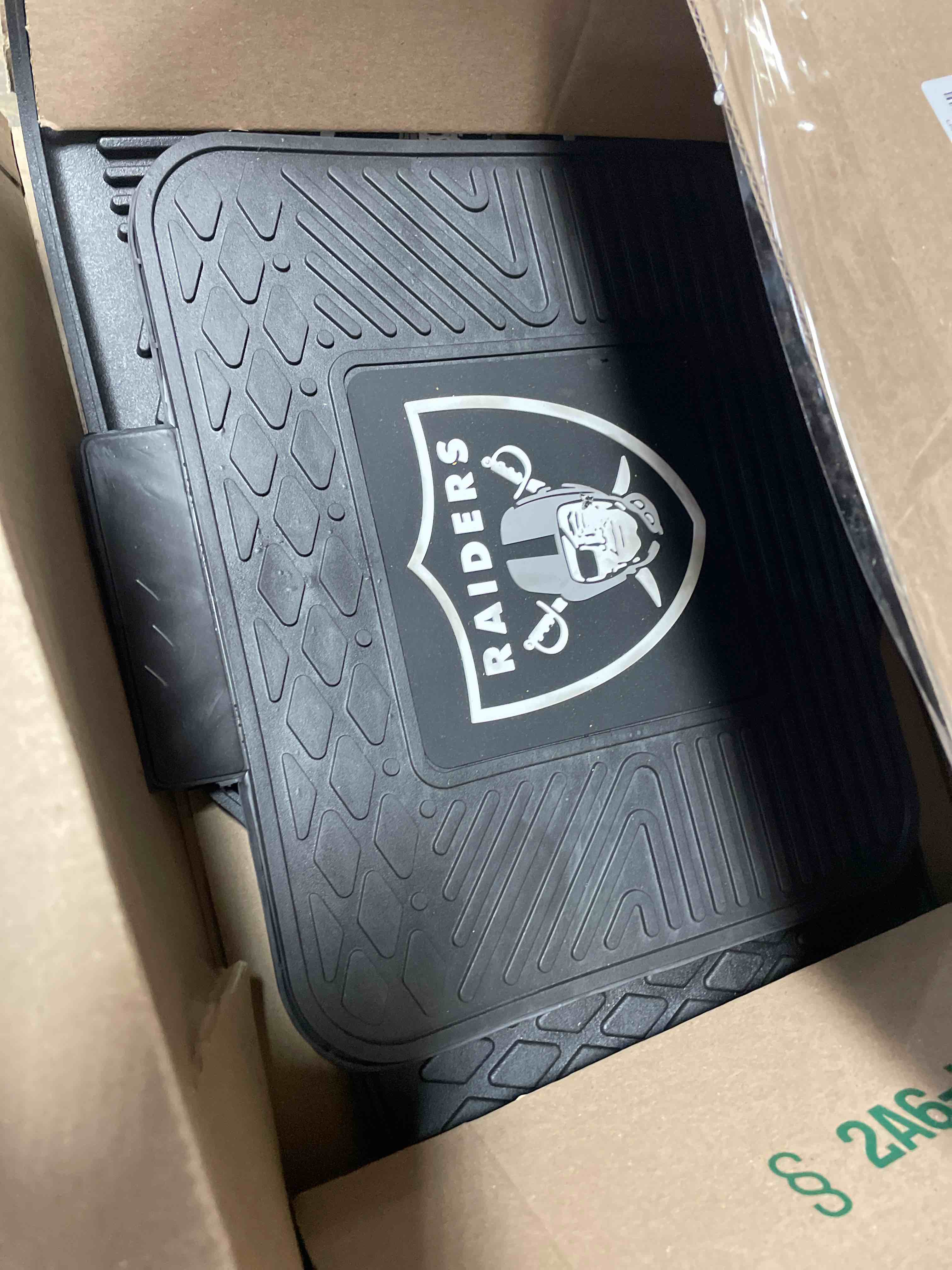 Condition photo showing New/Like New for FANMATS 8774 Las Vegas Raiders 2-Piece Heavy Duty Vinyl Car Mat Set, Front Row Floor Mats, All Weather Protection, Universal Fit, Deep Resevoir Design