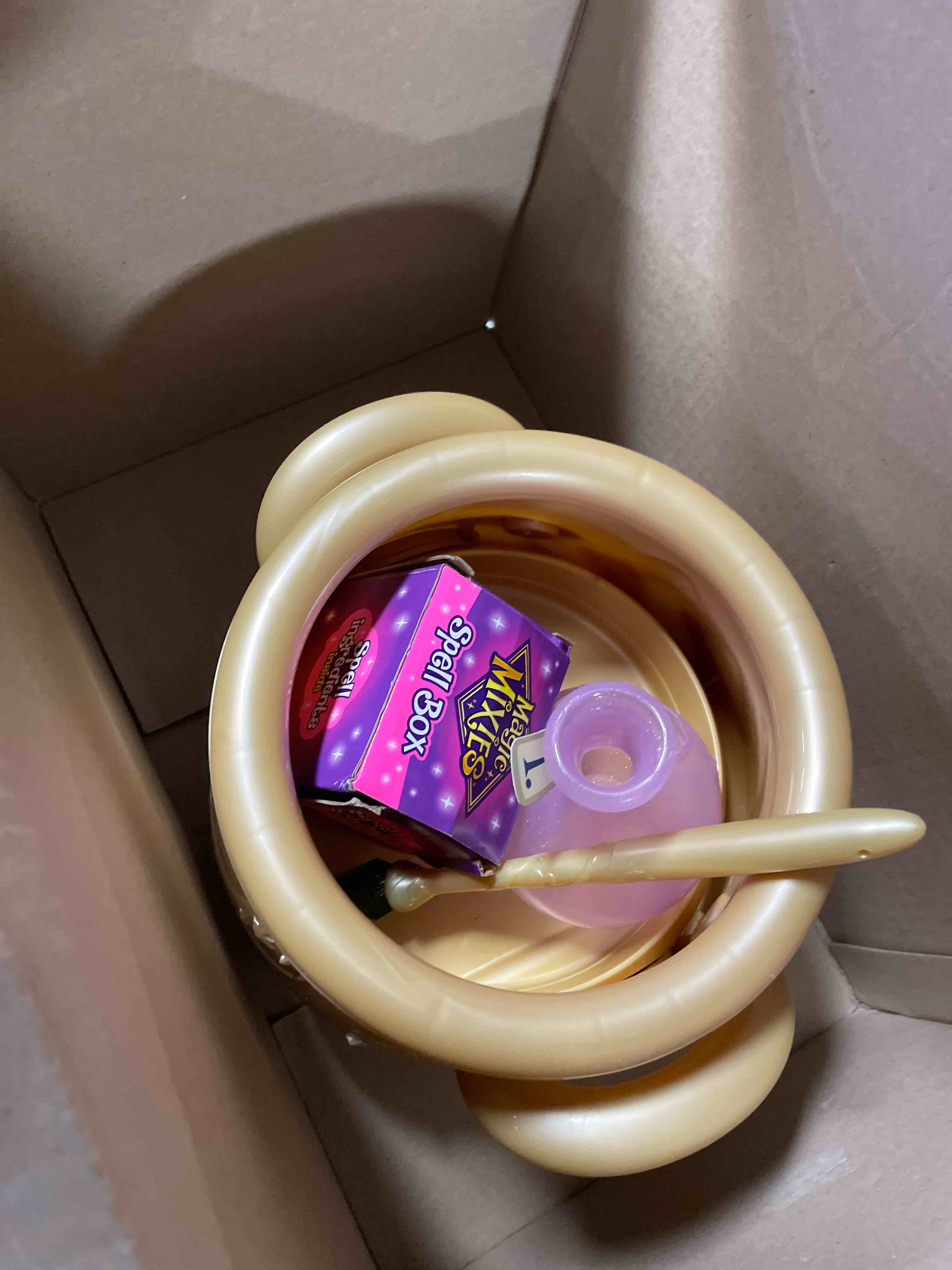 Condition photo showing As Is for Magic Mixies - Magical Real Misting Gold Cauldron with 8 Inch Non-Electronic Plush Toy. Follow The Spell Book Add The Magic Ingredients. Who Will You Magically Create. Blue Non-Electronic Plush (Used still a good toy)