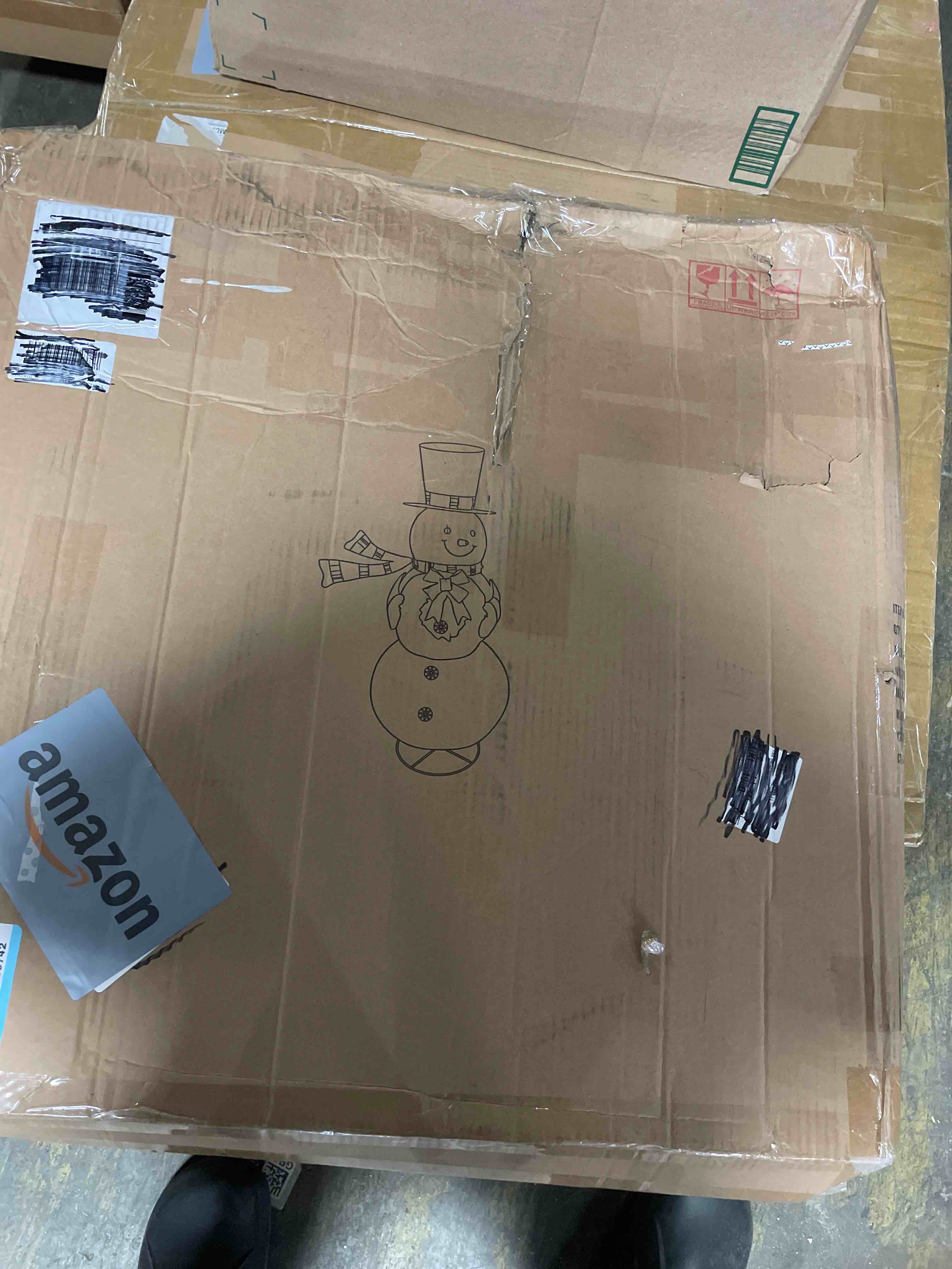 Condition photo showing Good Condition for 5 Foot Tall - Light-Up Pop Up Holiday Snowman with Santa Hat - Pre-Lit Clear Lights, Holiday, Yard, Lawn Christmas Decoration - (2023)