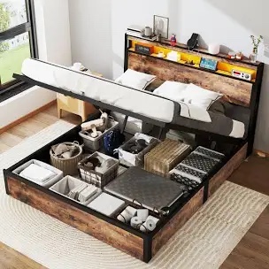 Hugo Lift Up Storage Bed Frame with LED Light & Outlet, Metal Platform bed (Not original box)