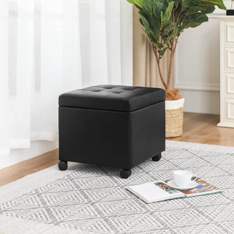 Clariece 17.7" Square Faux Leather Storage Ottoman with Casters Black 