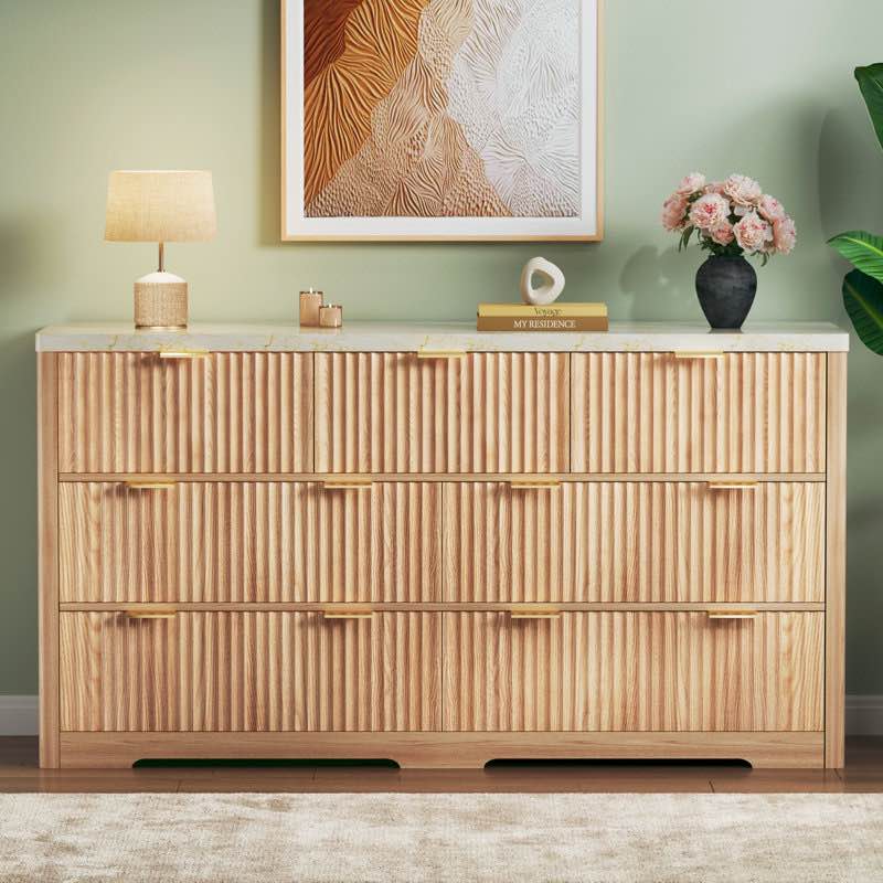 7-drawer fluted design dresser organizer, wood large chest of drawers