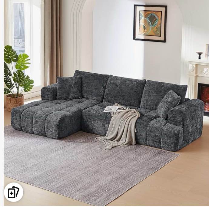 Olodumare 108in Luxury L-Shaped Sectional Sofa, 4-Seater Modular Cloud Couch with Pillows, Chenille Upholstered Full Foam Floor Sofa for Living Room, No Assembly, Dark Grey (missing chase)