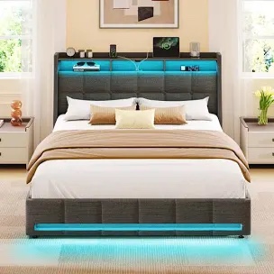 upholstered platform bed frame with wingback headboard, led lights & built-in outlets, led & open storage queen grey