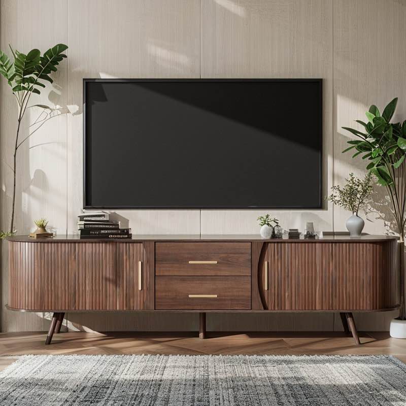 mid-century modern tv stand for 80" tv - entertainment center with 2 drawers & sliding doors, solid wood legs