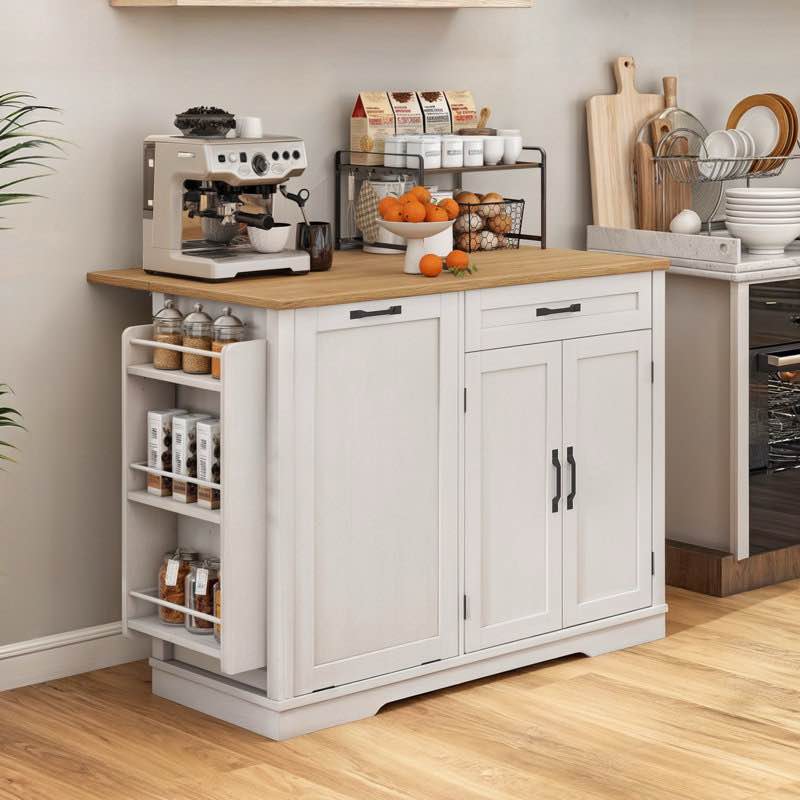Rolling Kitchen Cart Island with Foldable Tabletop & Trash Can Storage white