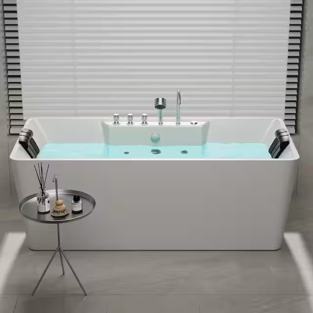 Luxury 67 in. Center Drain Acrylic Freestanding Flatbottom Whirlpool Bathtub in White with Faucet