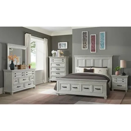 Roundhill Furniture Clelane Wood Bedroom Set ,Chest,Dresser, Mirror, and One Nightstand- Antique White (Wall)