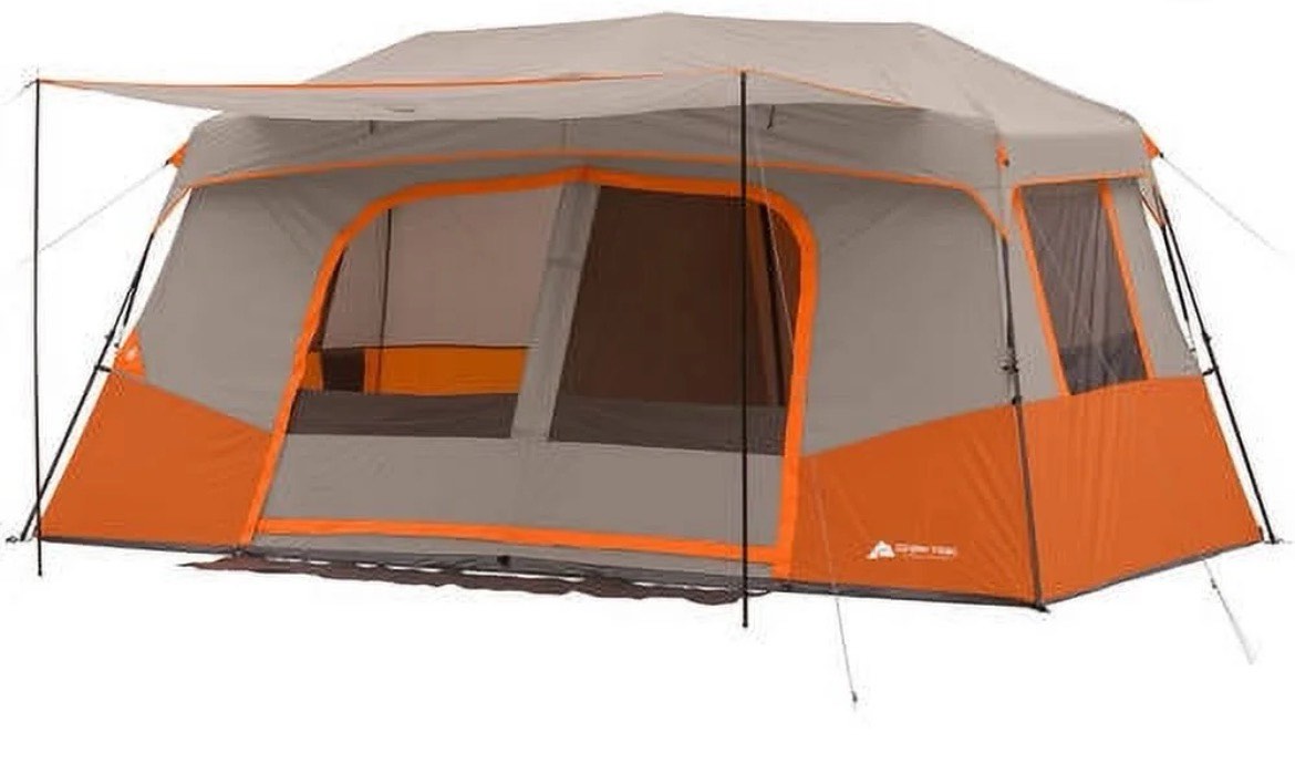 ozark trail 11-person instant cabin tent with private room – 3-room family camping tent with awning