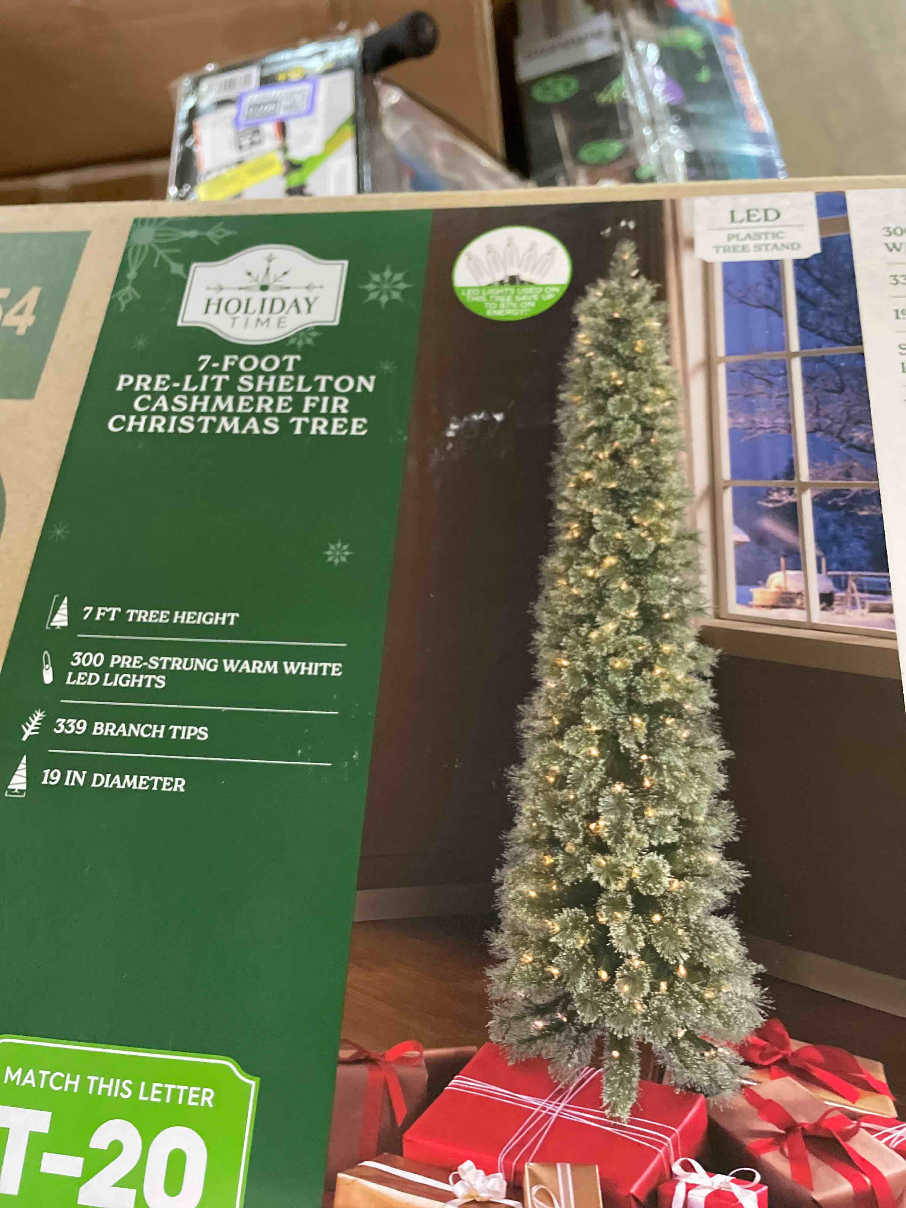Condition photo showing Good Condition for Home Heritage Stanley 7 Foot Skinny Pencil Pine Pre-Lit Artificial Christmas Tree Holiday Decor with 350 White Clear Lights and Stand, Green