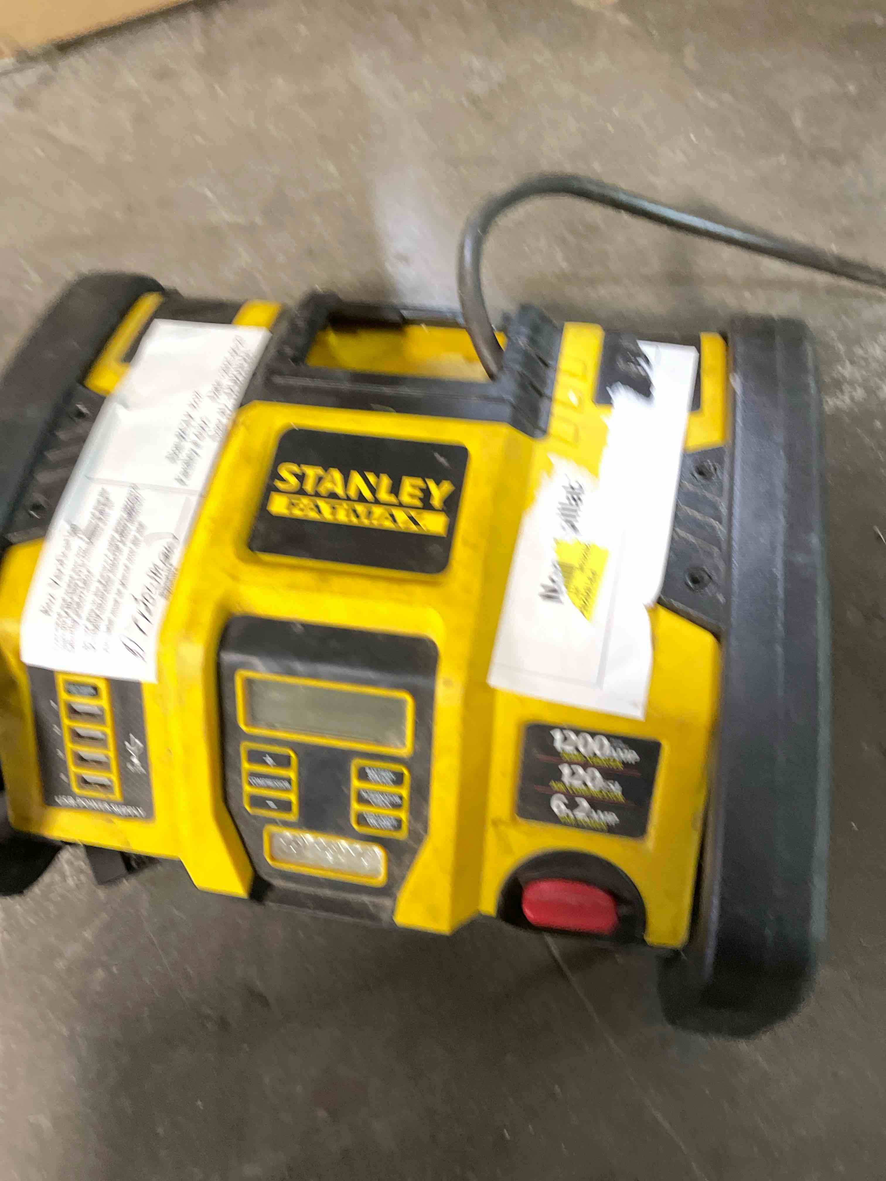 Condition photo showing As Is for Stanley Fatmax 1000 Peak Amp Power Station with 4 USB Ports, Jump-Starter, 120 PSI Air Compressor, Black, Lithium Ion Battery