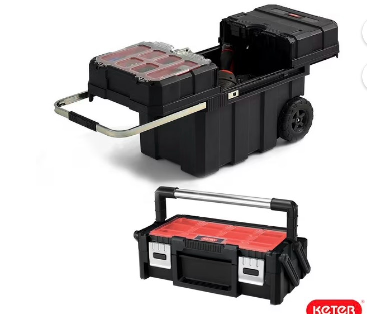heavy-duty keter masterloader rolling toolbox + 18in cantilever organizer / telescoping handle