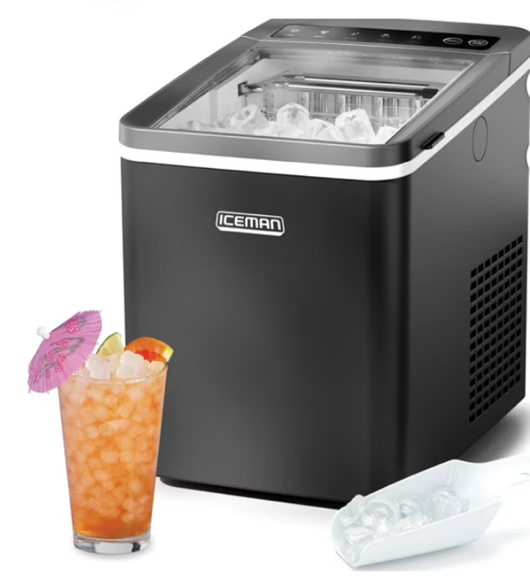 iceman by chefman 1 lb dual-size compact ice machine, ice basket and scoop