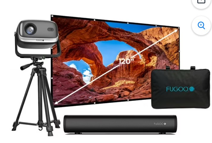 fugoo outdoor projector & soundbar bundle with tripod & 120" foldable screen