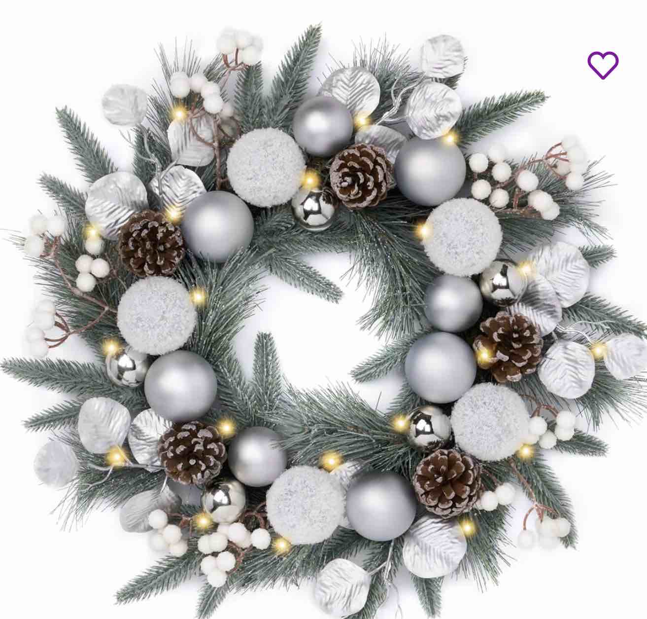 20 inch pre-lit christmas wreath for front door with lights, large lighted christmas wreath with silver white xmas balls for fireplace window outdoor table centerpiece home decoration
