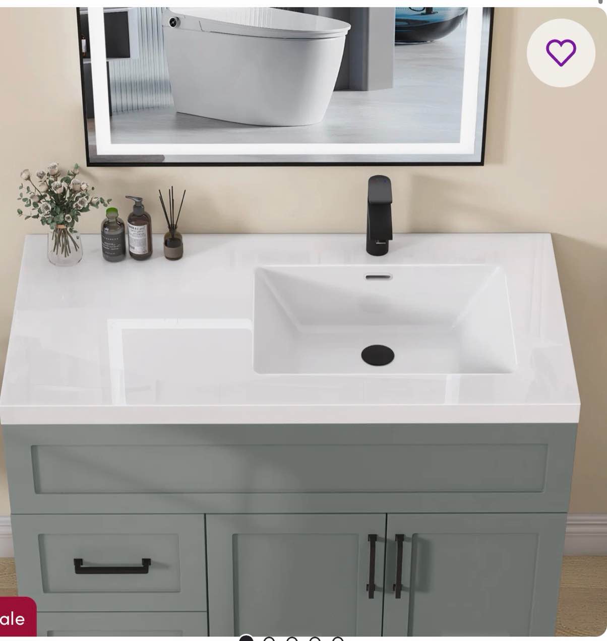 42'' W X 22'' D Solid Surface Vanity Top Drop-in Resin Stone Countertop Single Sink White Bathroom Top with Right Drain & Pre-drilled Faucet Hole (Wood Damaged can be repaired)