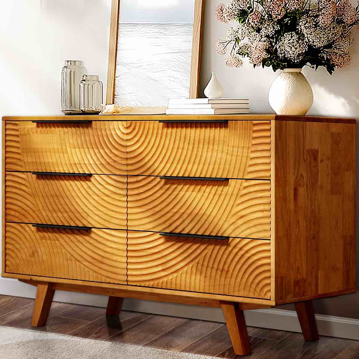 acacia harmony 6-drawer dresser – solid wood bedroom dresser with cnc circle pattern – zen sand garden inspired, mid-century wide chest