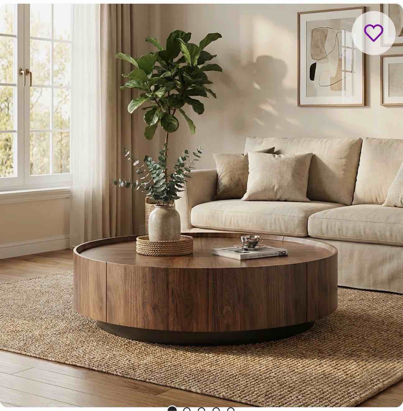 Fully-Assembled Walnut Round Coffee Table with Hidden Storage Drawers for Living Room or Home Office