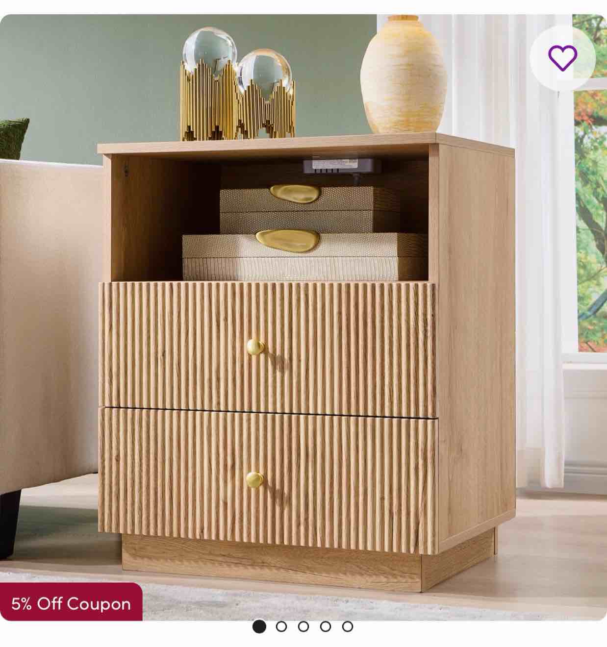 Aberdeen Fluted End Table with Charging Station, 21.65" Wide Side Table with 2 Drawers