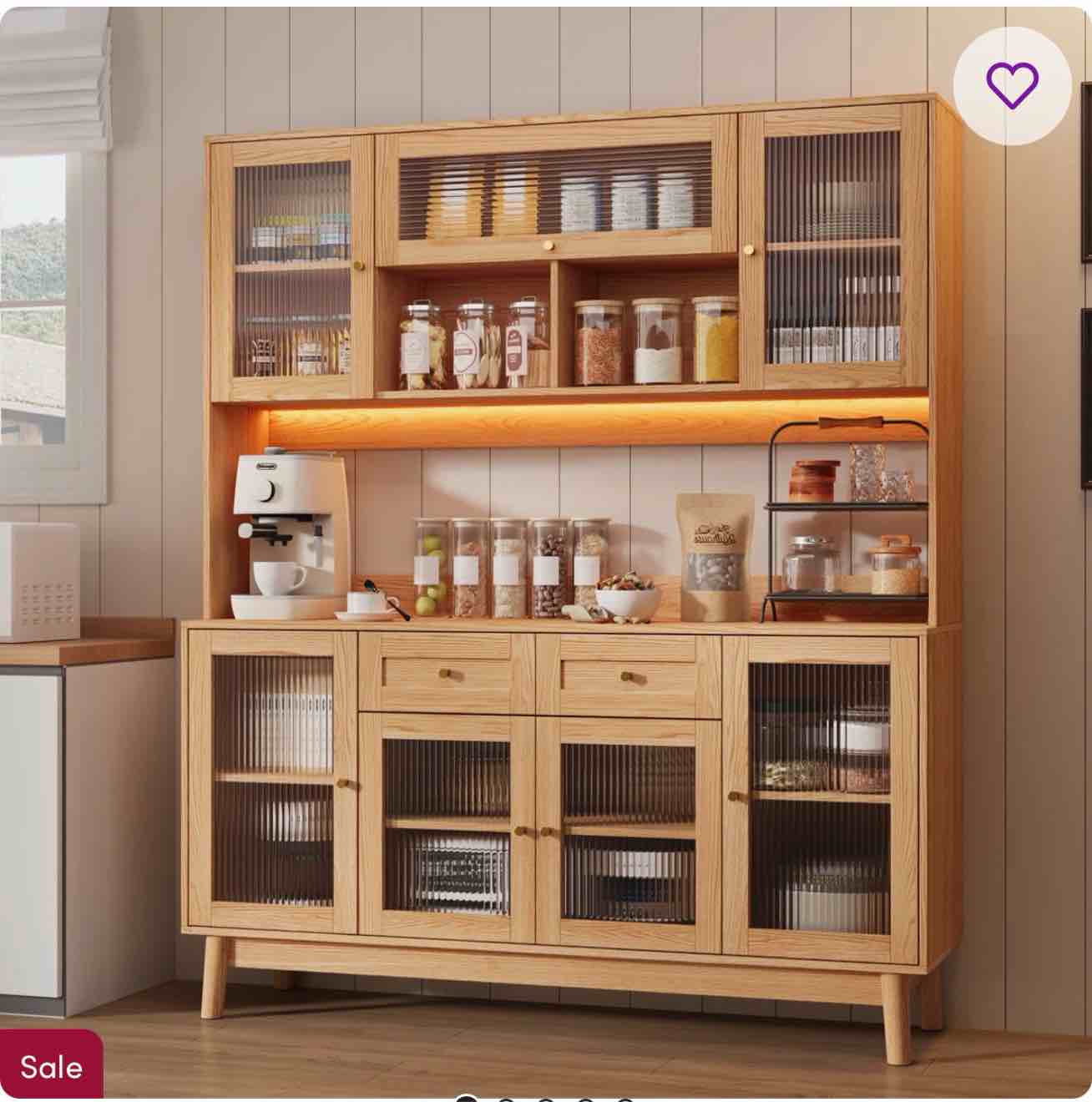 71"H X 59.8" Kitchen Pantry Cabinet With LED Light, Storage Cabinet With Hutch & Microwave Shelf,Fluted Glass Doors