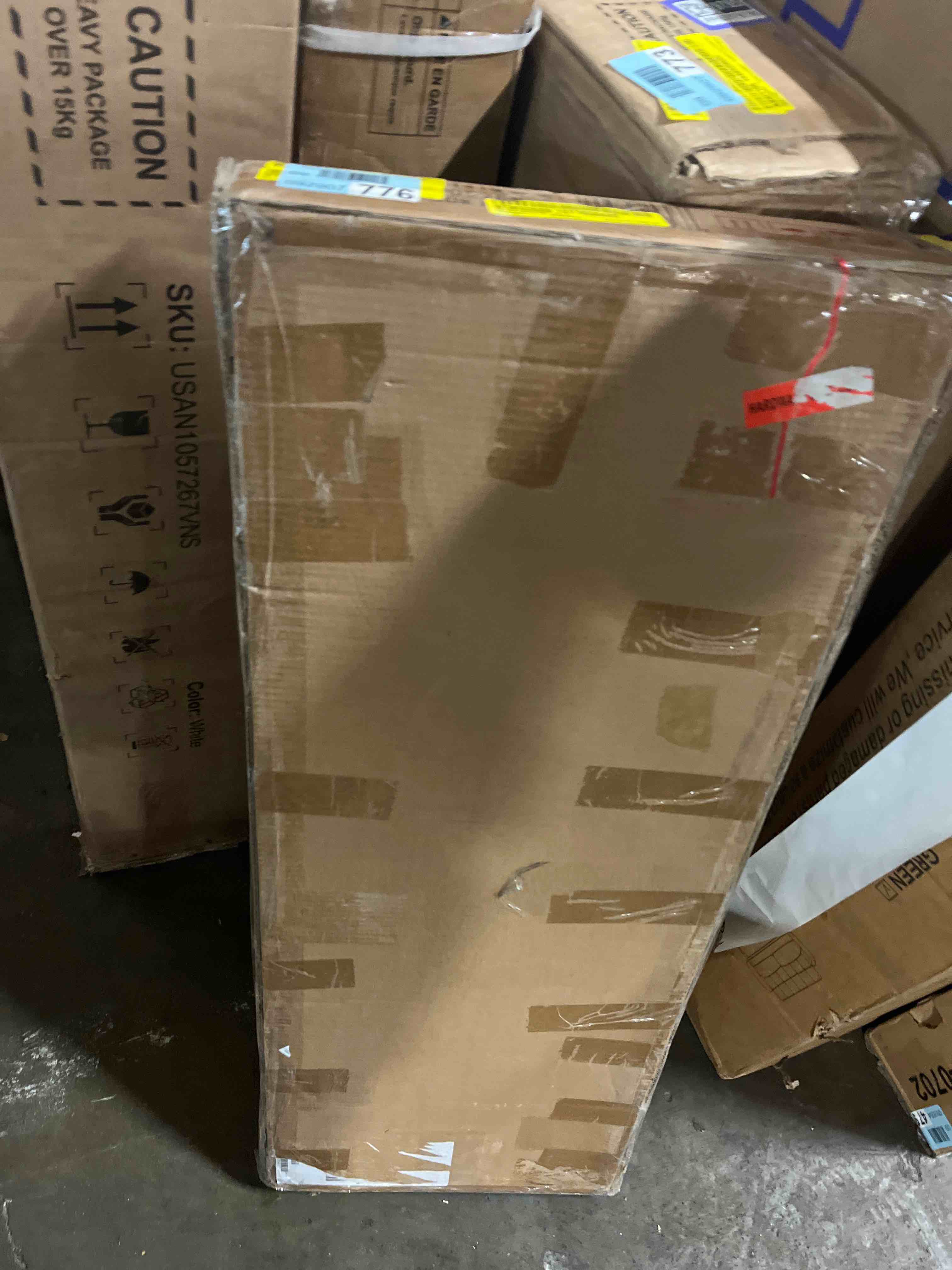 Condition photo showing As Is for 3-Piece Round Table & Chair Set, Space Saving Kitchen Breakfast Nook Walnut Wood Grain Tabletop with Metal Frame and 2 Stackable Dining Chairs for Kitchen, Dining Room, White(Box 3)