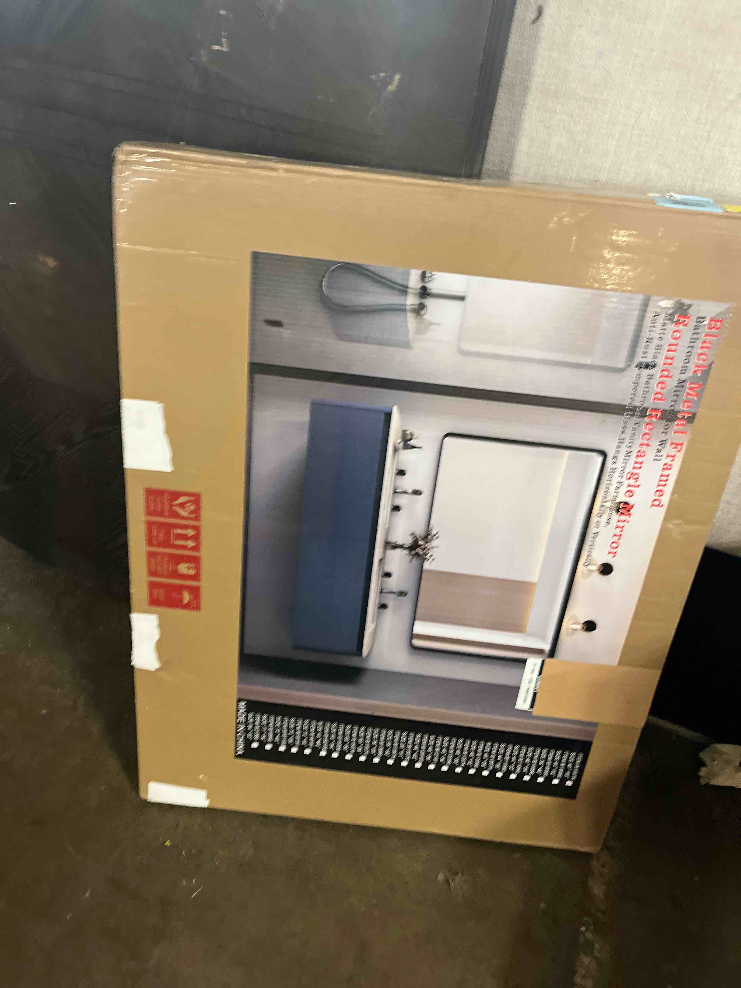 Condition photo showing New/Like New for Delma Black Framed Bathroom Vanity Mirror for Over Sink, 50x30 Inch High-Definition Wall Mirror with Horizontal/Vertical Hanging, Durable Rust-Resistant Bathroom Mirror for Modern Decor (Black) Rect Black 50"L x 30"W