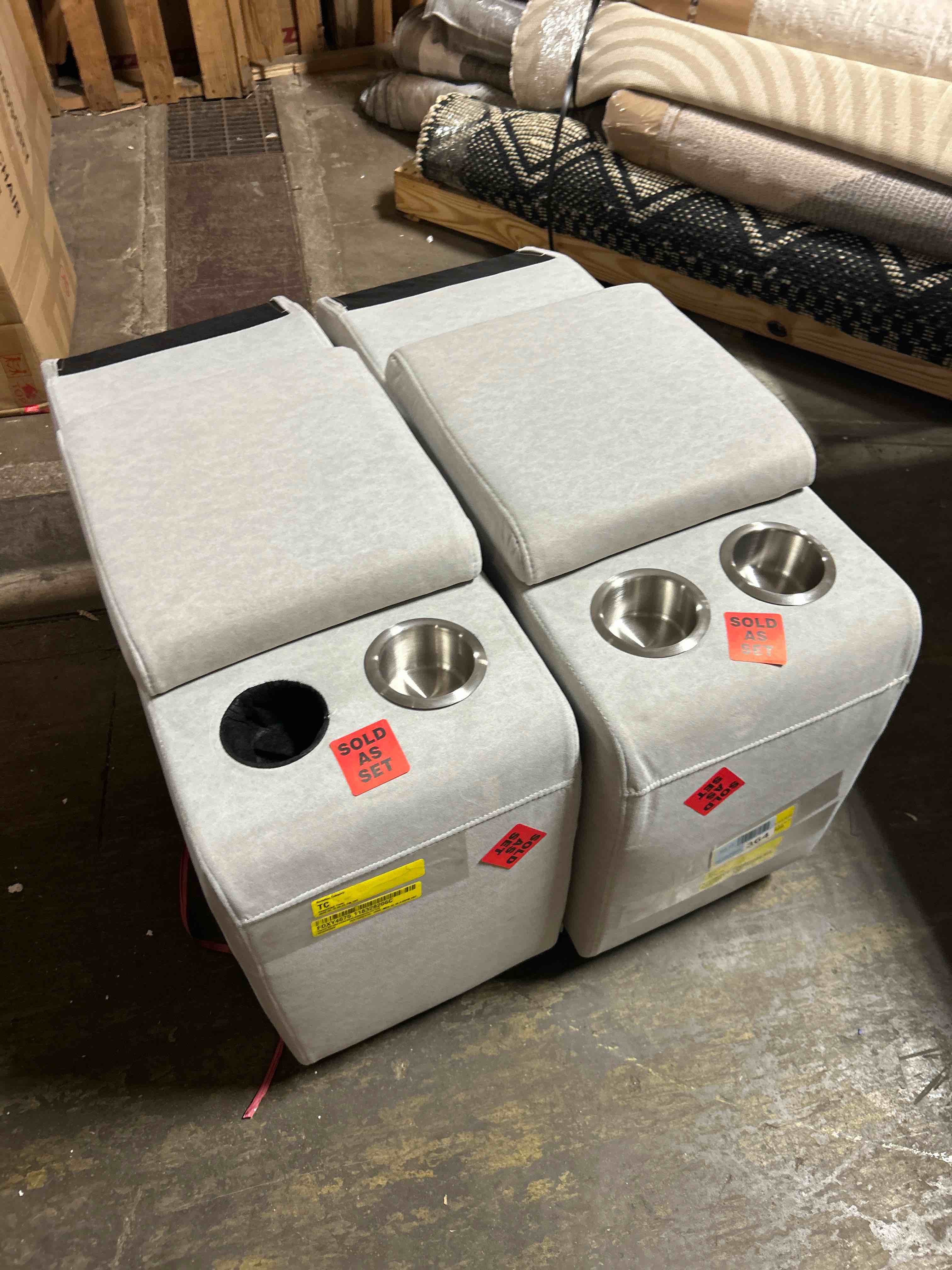 Condition photo showing As Is for CHITA Versatile Storage Console for Modular Sofa, Multifunctional Side Table with Dual Cup Holders, Table, No Need Assembly, light grey set of 2 and missing one cup holder 