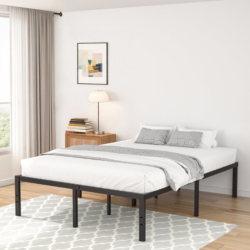 Turberville 16'' Black Metal Platform Bed Frame With Steel Slat Support, No Box Spring Needed, King Size