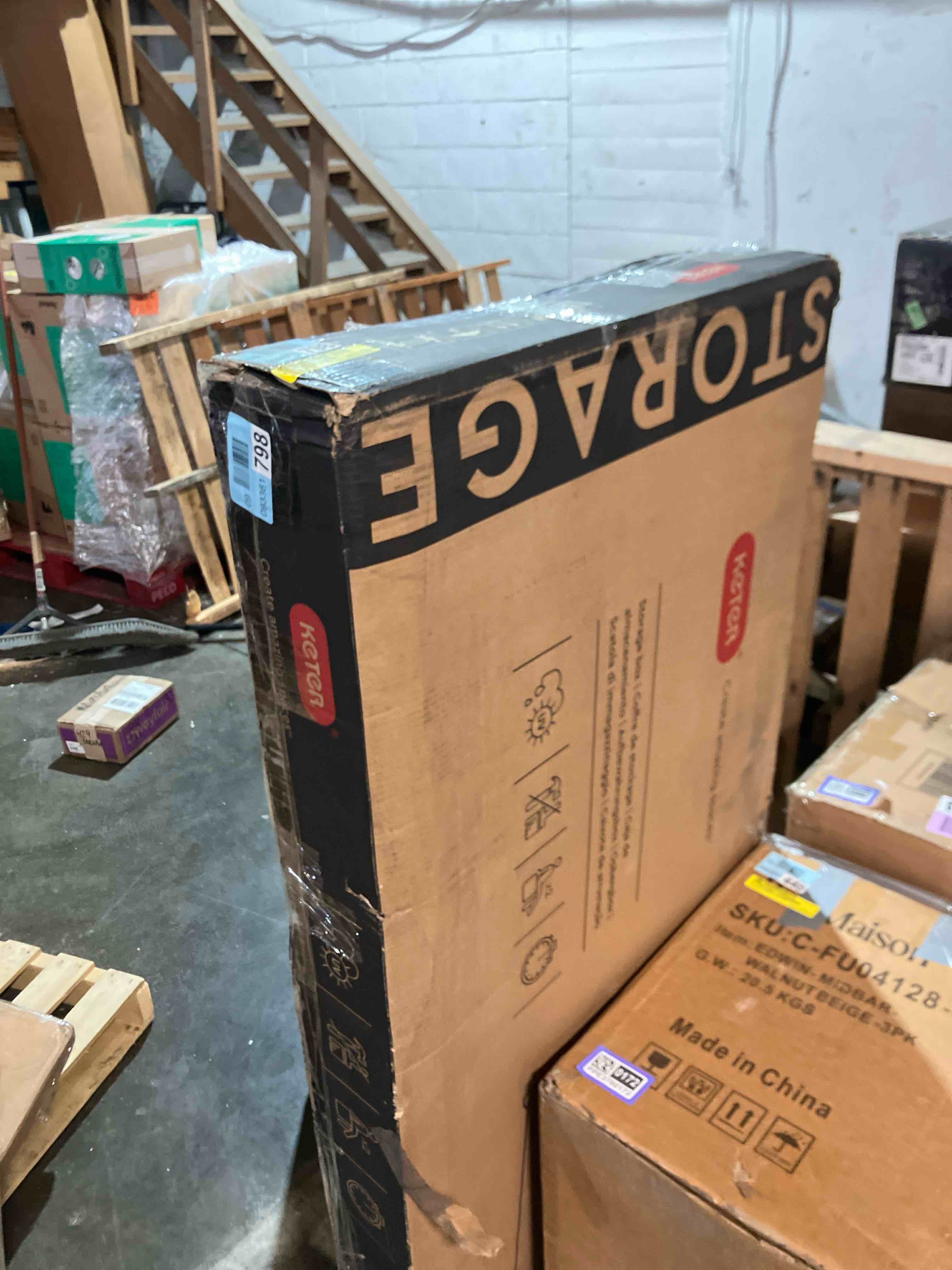 Condition photo showing New/Like New for Keter Brightwood 120 Gallon Durable Weatherproof Resin Deck Box Organization and Storage for Outdoor Patio and Lawn  Anthracite Gray