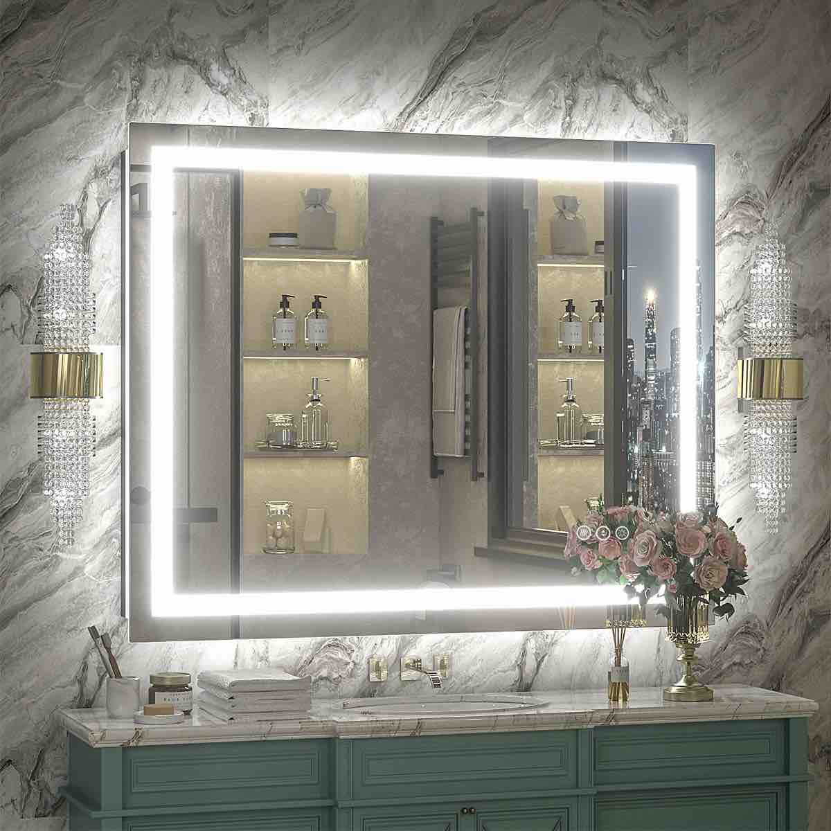 aevar ul certified front & back led anti-fog tempered glass bathroom/vanity mirror 40 by 32”