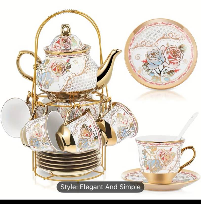 20-piece porcelain tea set with metal holder & spoon | european flower painting teapot, cup, saucer | ceramic tea party set for adults, large minimalist style