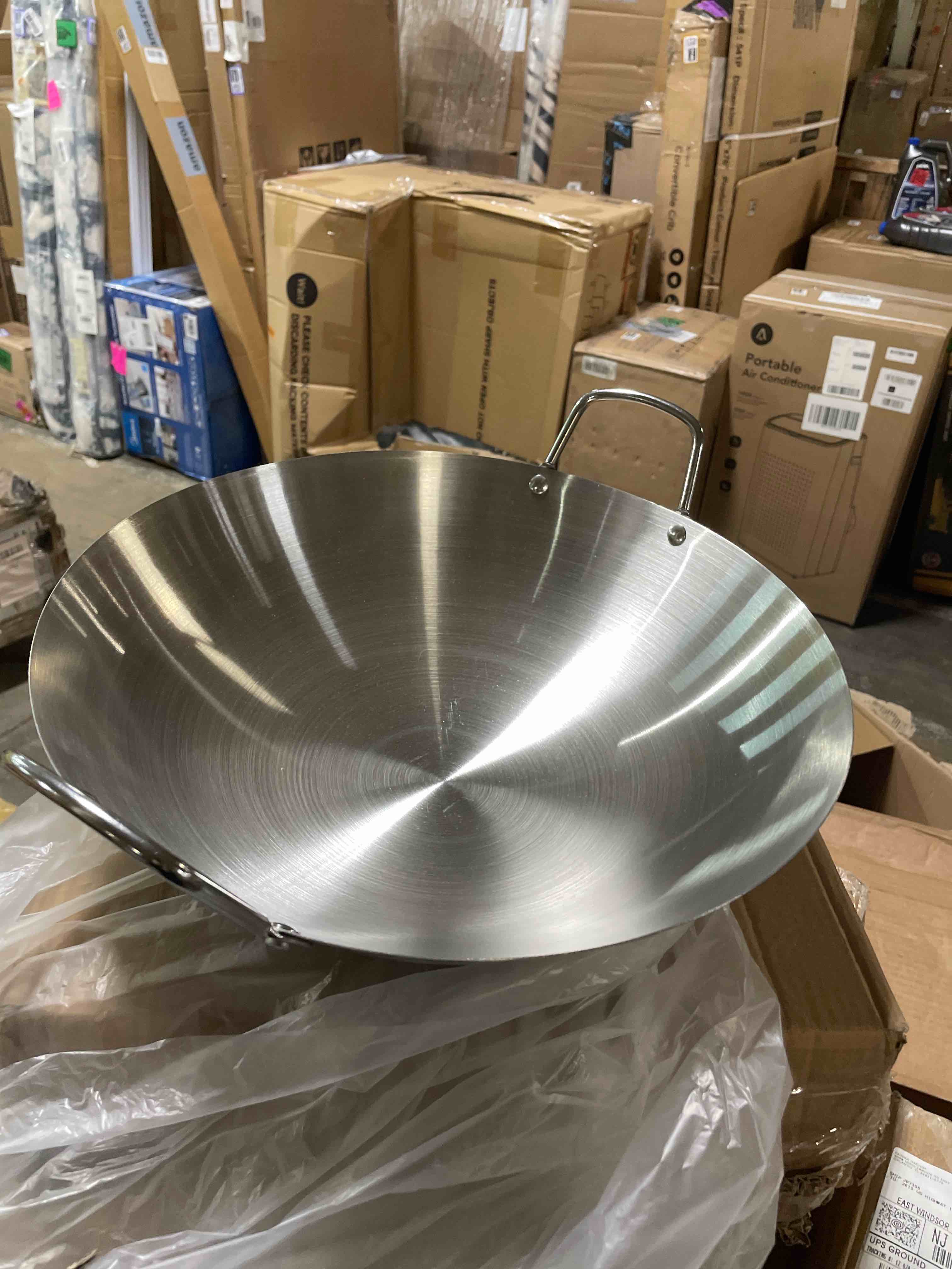 Condition photo showing New/Like New for Steel Round Bottom Wok Double Handle Heated Evenly Portable Cookware Traditional Tableware Cooking Pot Wok for Kitchen Outdoor BBQ, 32cm