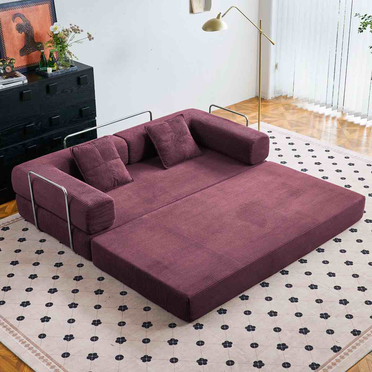 81.6" King Size Convertible Sleeper Sofa Bed With 2 Pillows, Corduroy Folding Mattress Couch Removable And Washable Sofa , Floor Sofa Lounge Couch For Living Room Small Spaces(1 piece only)(compressed)