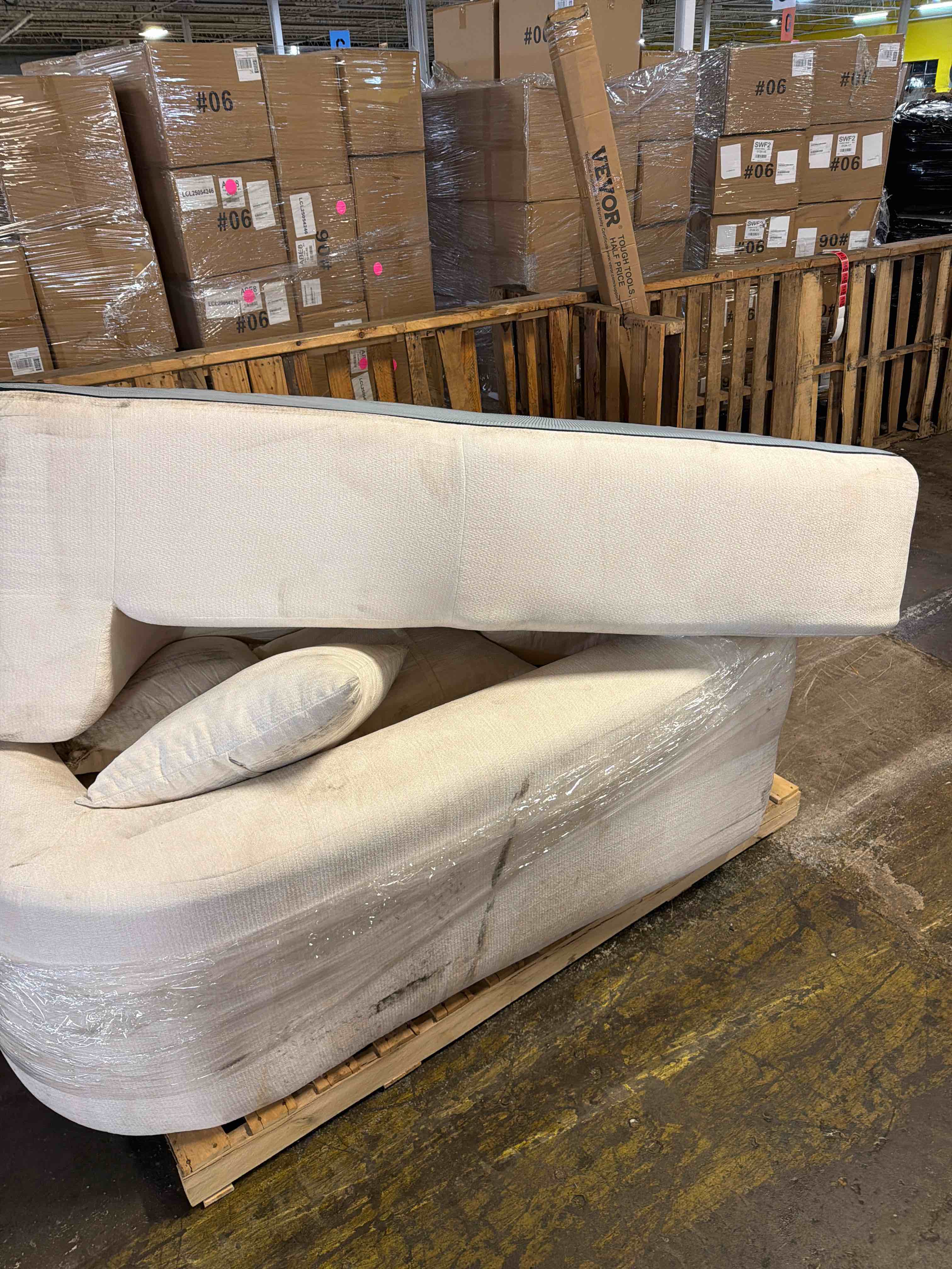 Condition photo showing As Is for 105.5" Boneless Curved Couch, L Shaped 4-Seater Cloud Couch with Deep Seat Chaise, Oversized Curved Sofa, Chenille Modular Sectional Couches for Living Room, No Assembly, Beige