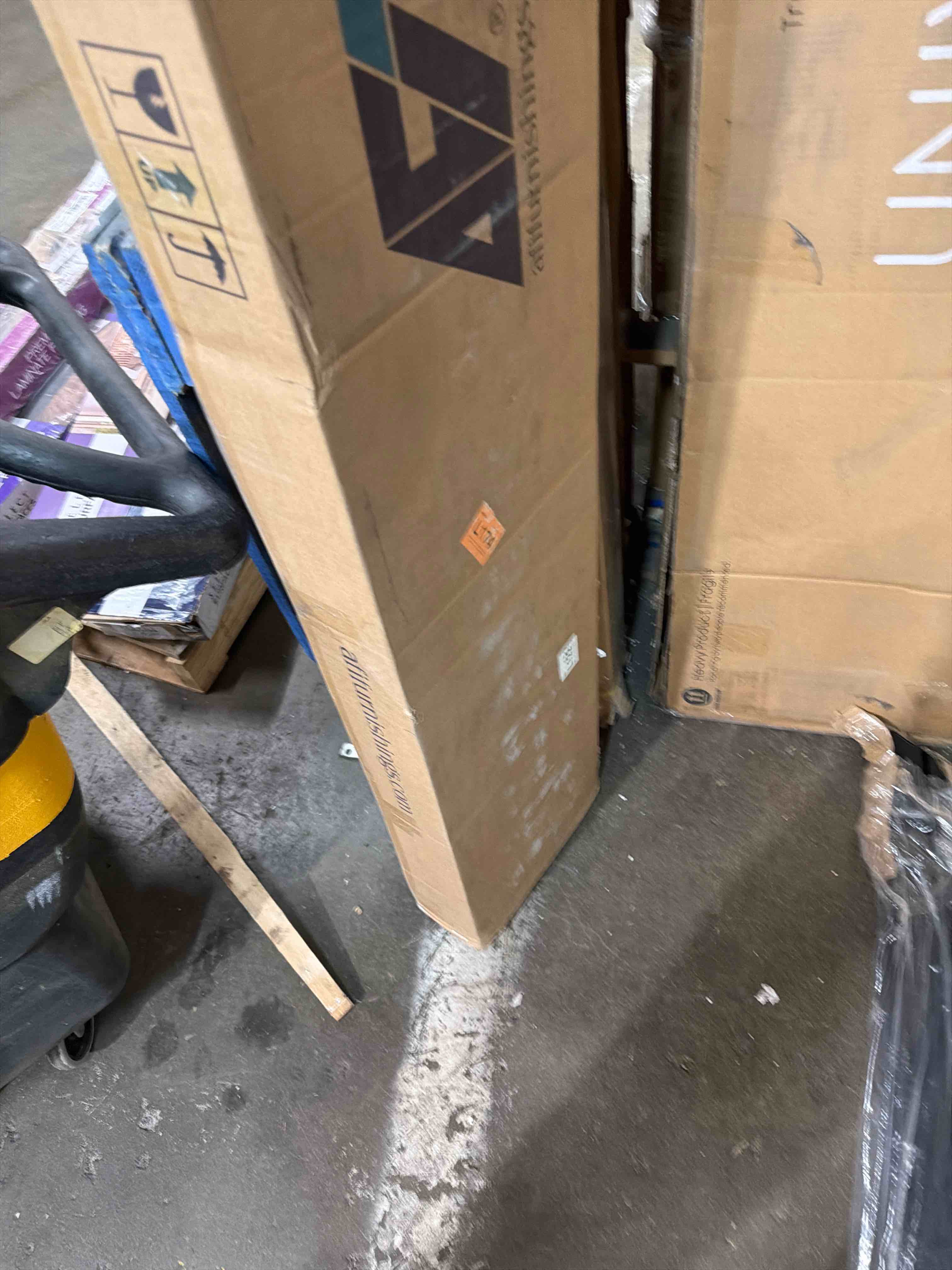 Condition photo showing As Is for Sicily Upholstered Linen Tri Panel Platform Bed Frame with Headboard, Queen, Gray