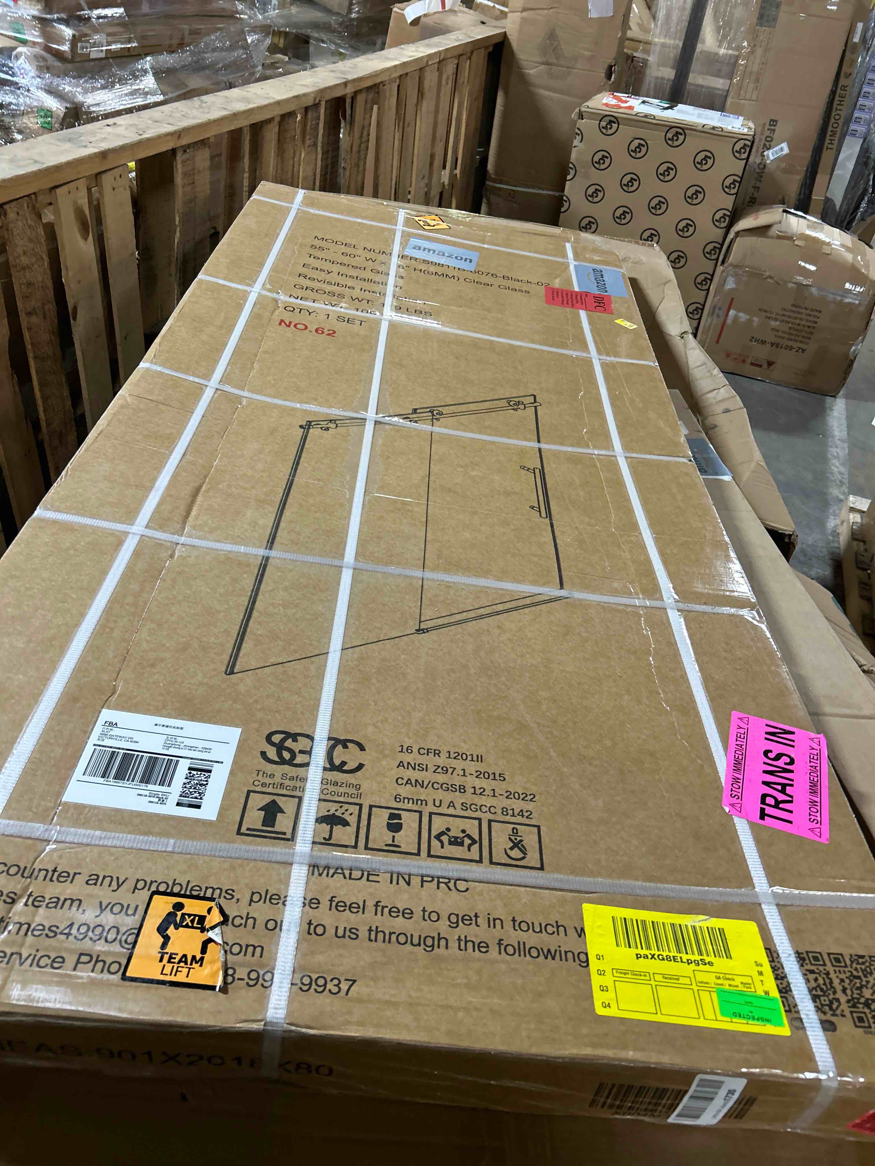 Condition photo showing As Is for DELAVIN 56-60 in.W x 59 in.H Semi-Frameless Double Sliding Tub Shower Doors, Water Repellent Bypass Black Tub Door, SGCC Clear Tempered Bathtub Doors with Explosion-Proof Film