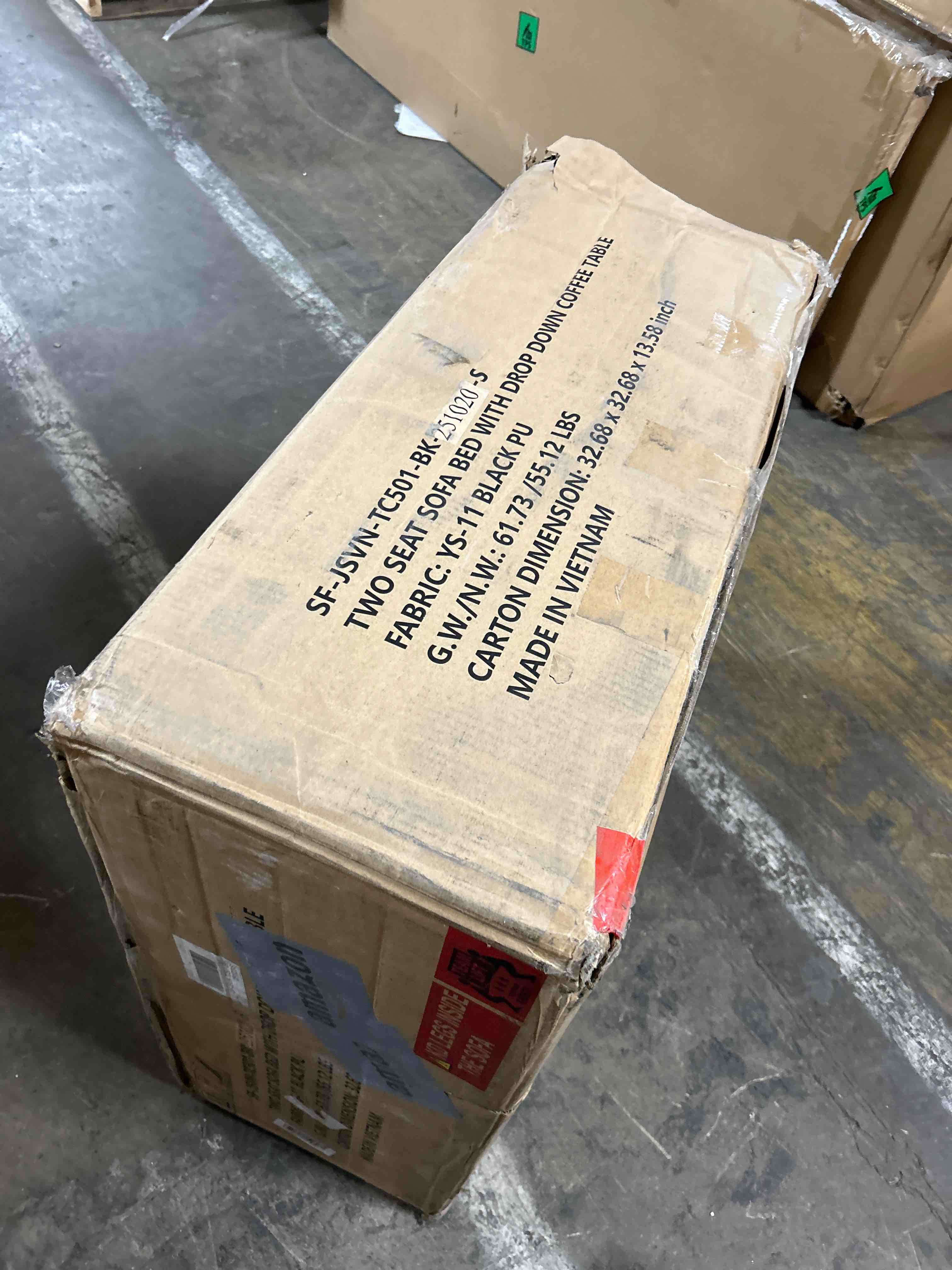 Condition photo showing As Is for 67" Modern Leather Multifunctional Loveseat Couch with Drop-Down Coffee Table & 2 Cup Holders, 3 in 1 Convertible Sleeper Sofa Bed with Metal Legs & 2 Toss Pillows for Office,Apartment,Living Room(1 box only and color is black)