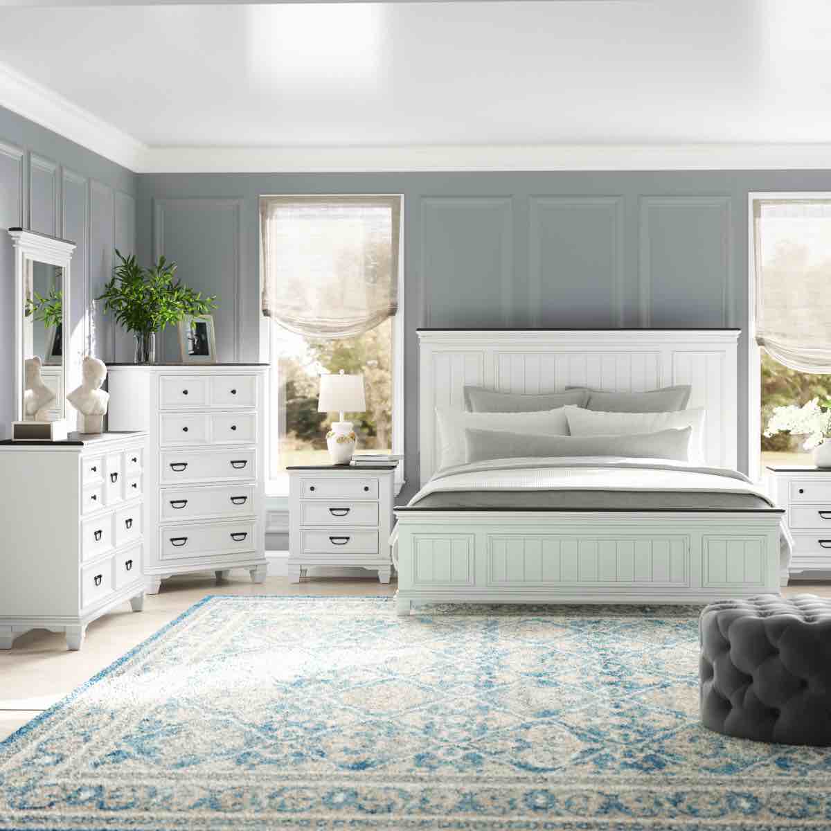 Semaj Wood Distressed Bedroom Set with Panel King Bed, Dresser, Mirror, 2 Nightstands, Chest