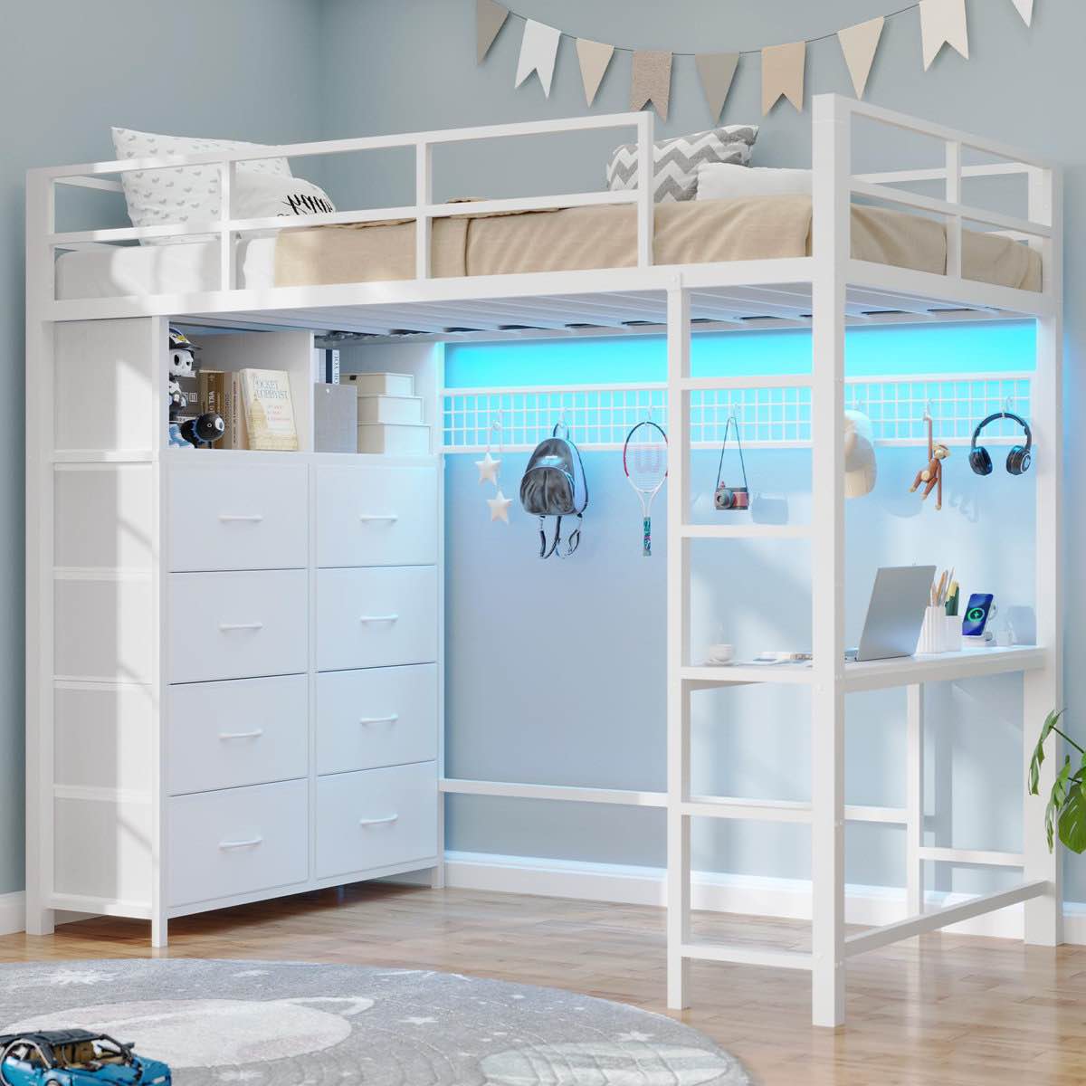 Loft Bed With Desk And 8 Storage Drawers, Metal Loft Bed With Led Lights & Charging Sation, Storage Shelves, 13.1" H Safety Guard & Ladder, No Box Spring Needed,