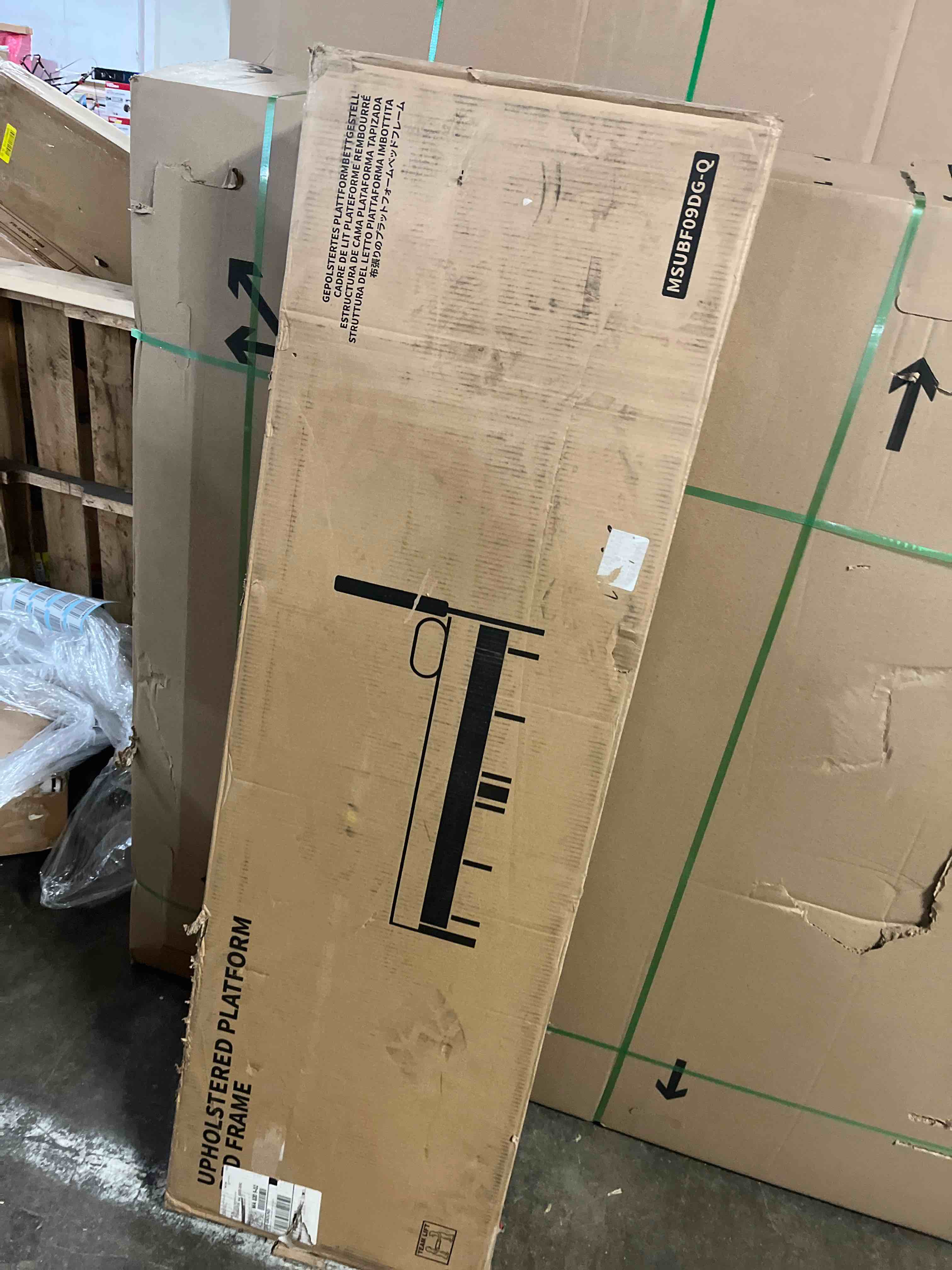 Condition photo showing As Is for Zinus Lottie Upholstered Platform Bed Frame, Mattress Foundation, Wood Slat Support, No Box Spring Needed, Easy Assembly, Grey, Queen Grey Queen Standard(Incomplete)