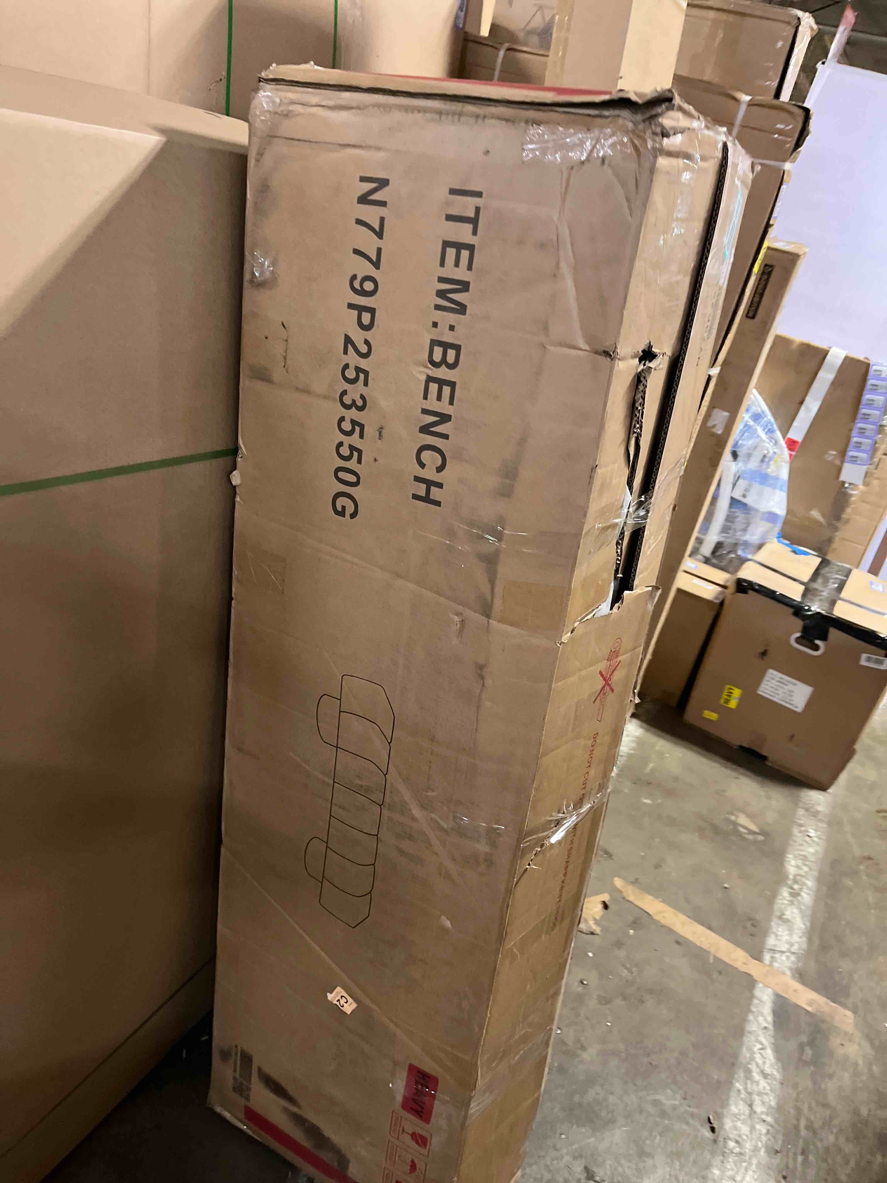 Condition photo showing As Is for Christopher Knight Home Manila 50" Boucle Fabric Dining Bench, Rectangular Upholstery Ottoman Bench, Bedroom End of Bed Footstool, Living Room Extra Seat Footrest, No Assembly Needed, Jungle Green(led is chipped)