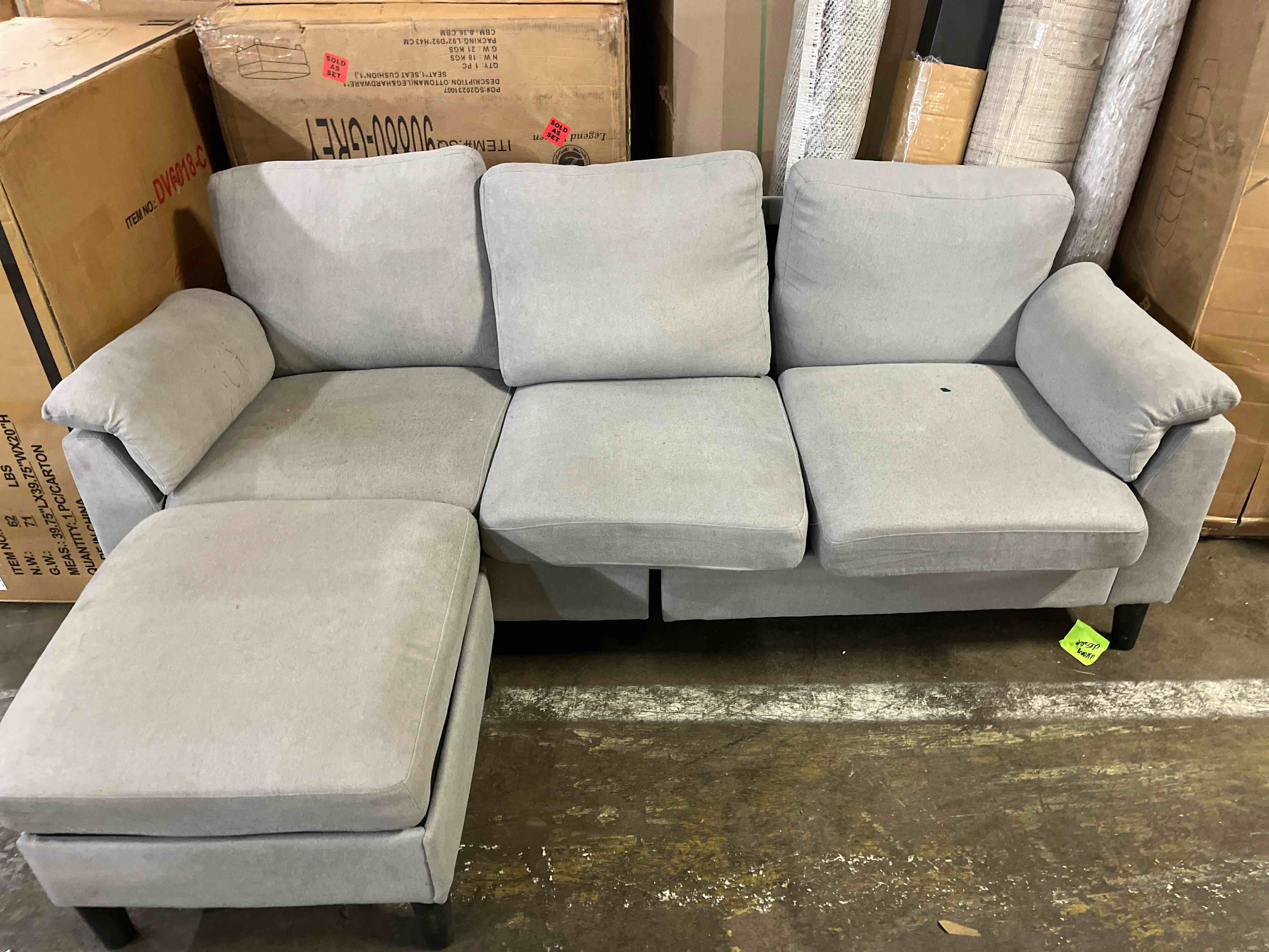 Condition photo showing As Is for 80" Convertible Sectional Sofa, Small L Shaped 3 Seat Couch with Reversible Chaise, Modern Fabric Sofa Couches for Living Room, Apartment and Small Space, Light Grey(Leg broken and a little dirty )