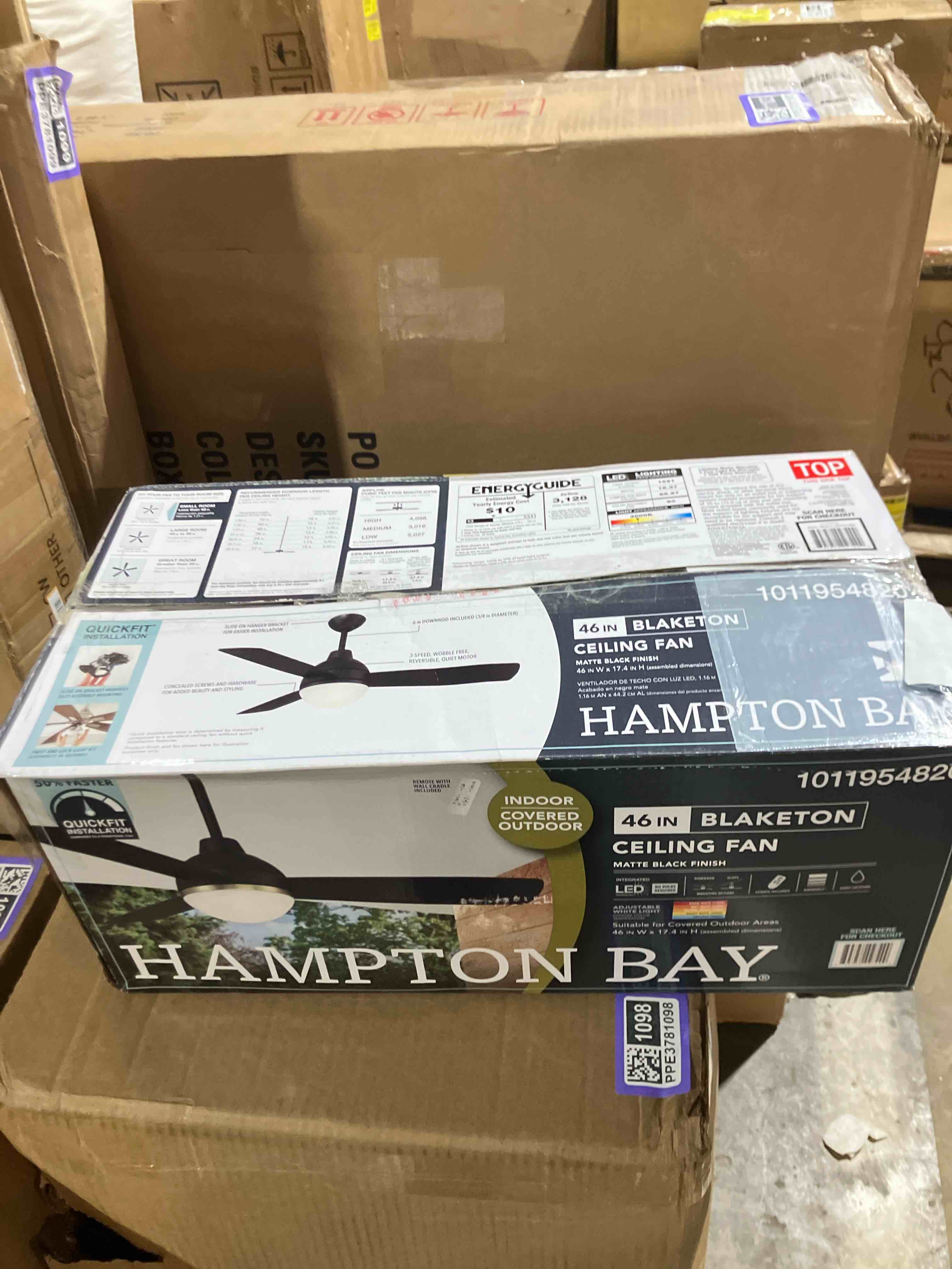 Condition photo showing Good Condition for Blaketon 46 in. Indoor/Covered Outdoor Matte Black Modern Ceiling Fan with Integrated LED and Remote Control (Used)