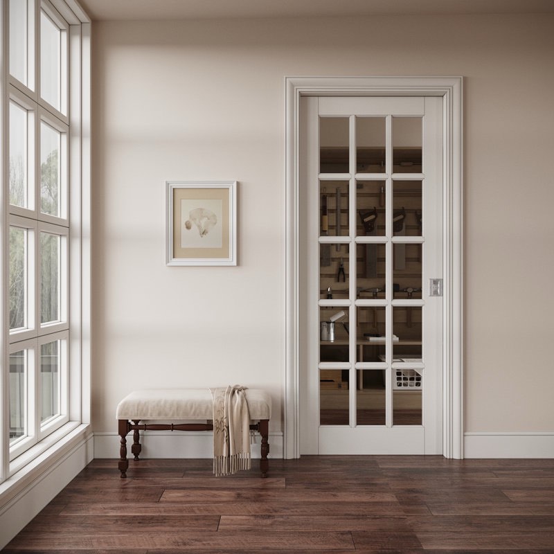 Interior Primed 15-Lite Clear Glass Sliding Pocket Door Solid Wood Pantry Door With Privacy Pocket Lock (Missing hardware)