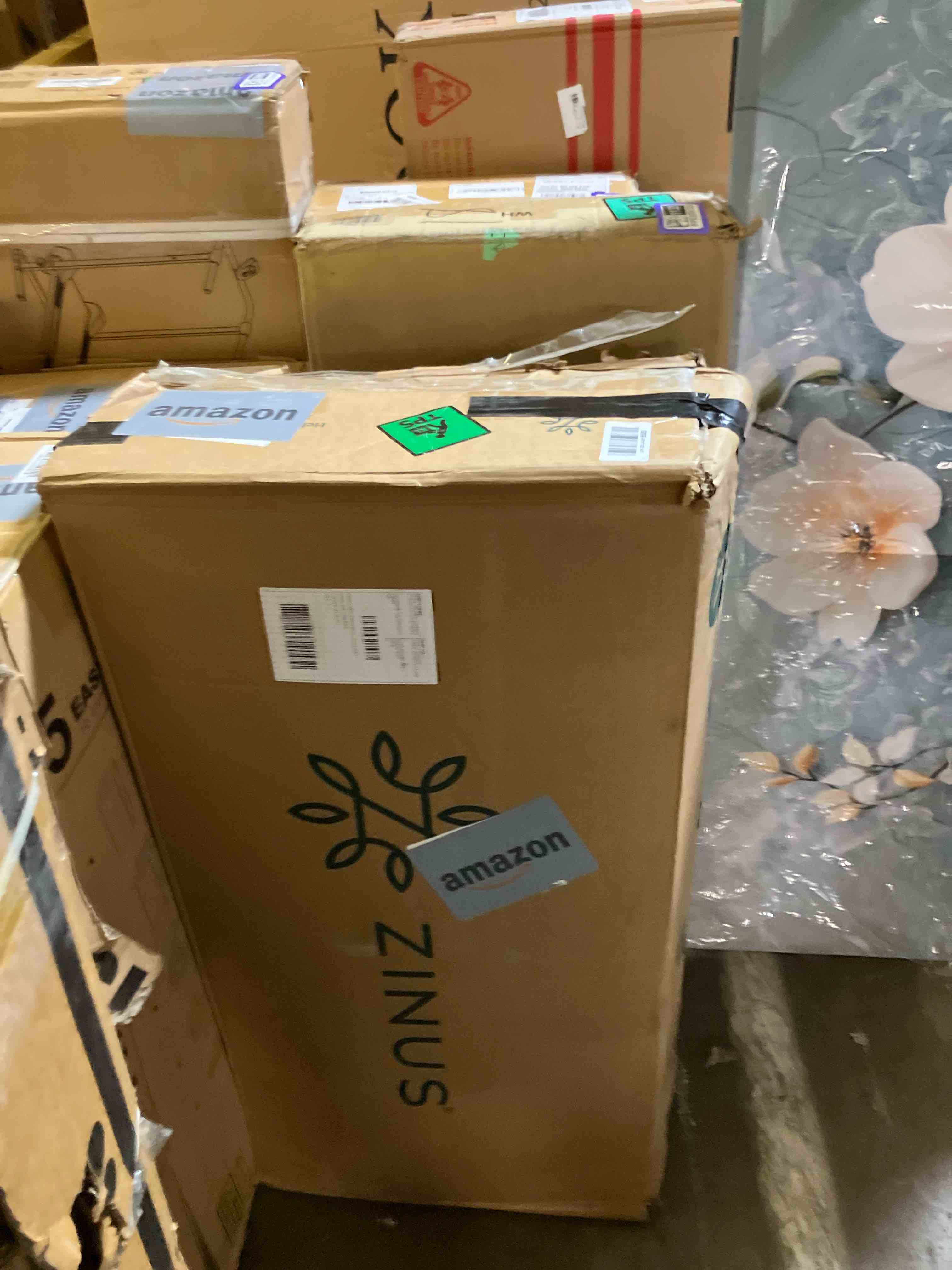 Condition photo showing New/Like New for ZINUS King Maya Upholstered Bed Frame with Asymmetric Headboard, Durable Wooden Slats, Sturdy Framework, Noise Free Sleep, No Box Spring Needed, Easy Assembly, Eco Friendly Packaging, Dark Grey King Modern Geometric