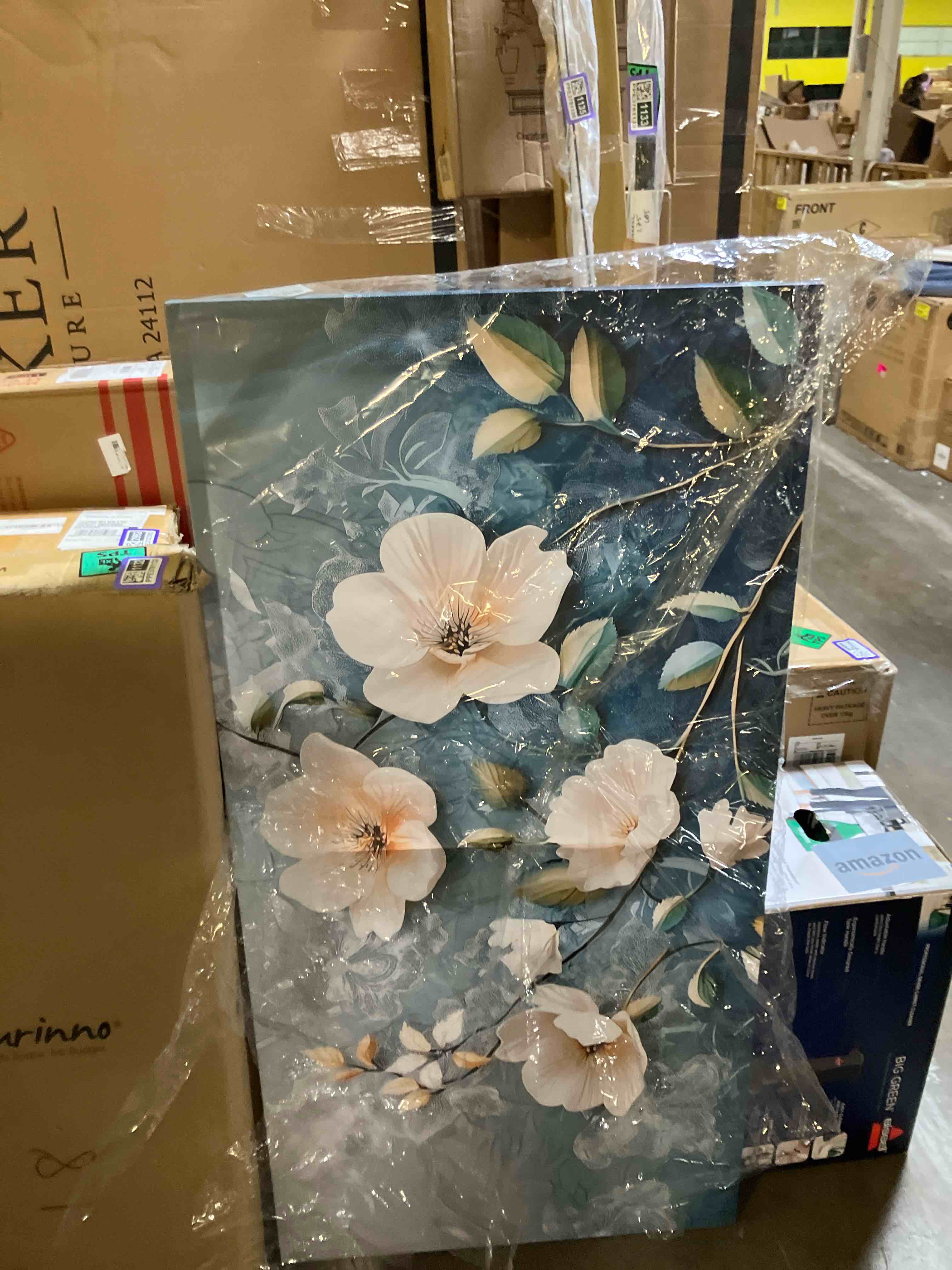 Condition photo showing New/Like New for Large White Flower Wall Art with Blue Background Elegant Flower Framed Floral Canvas Print for Living Room, Bedroom, Dining Room, Home Office Modern Ready to Hang Home Decor - 30"x60"